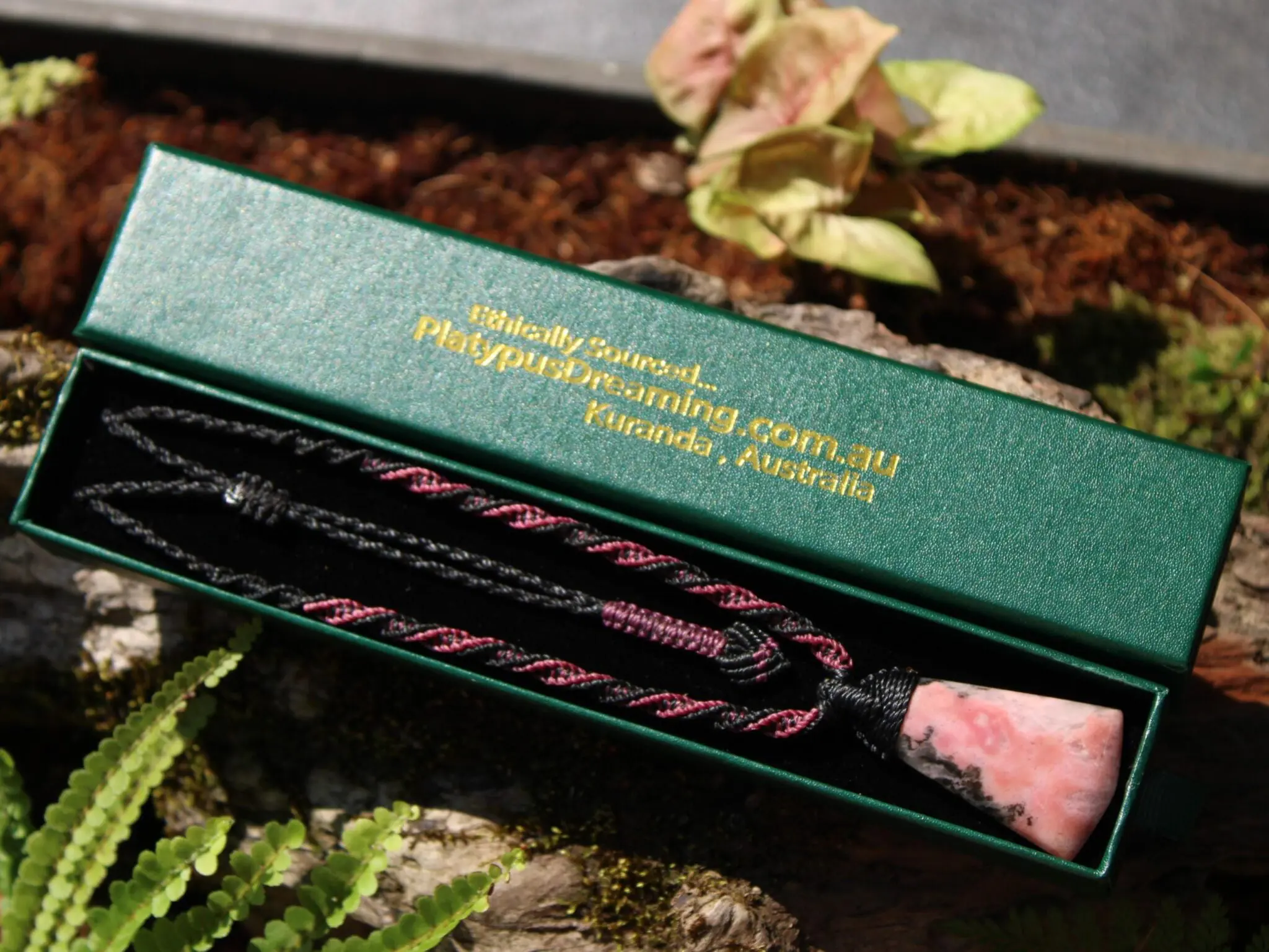 Elven Australian Rhodonite pendant, Australian Made Macrame Cord, Elf Healing Stone Talisman, Taurus, October birth stone, pink crystal - Image 4