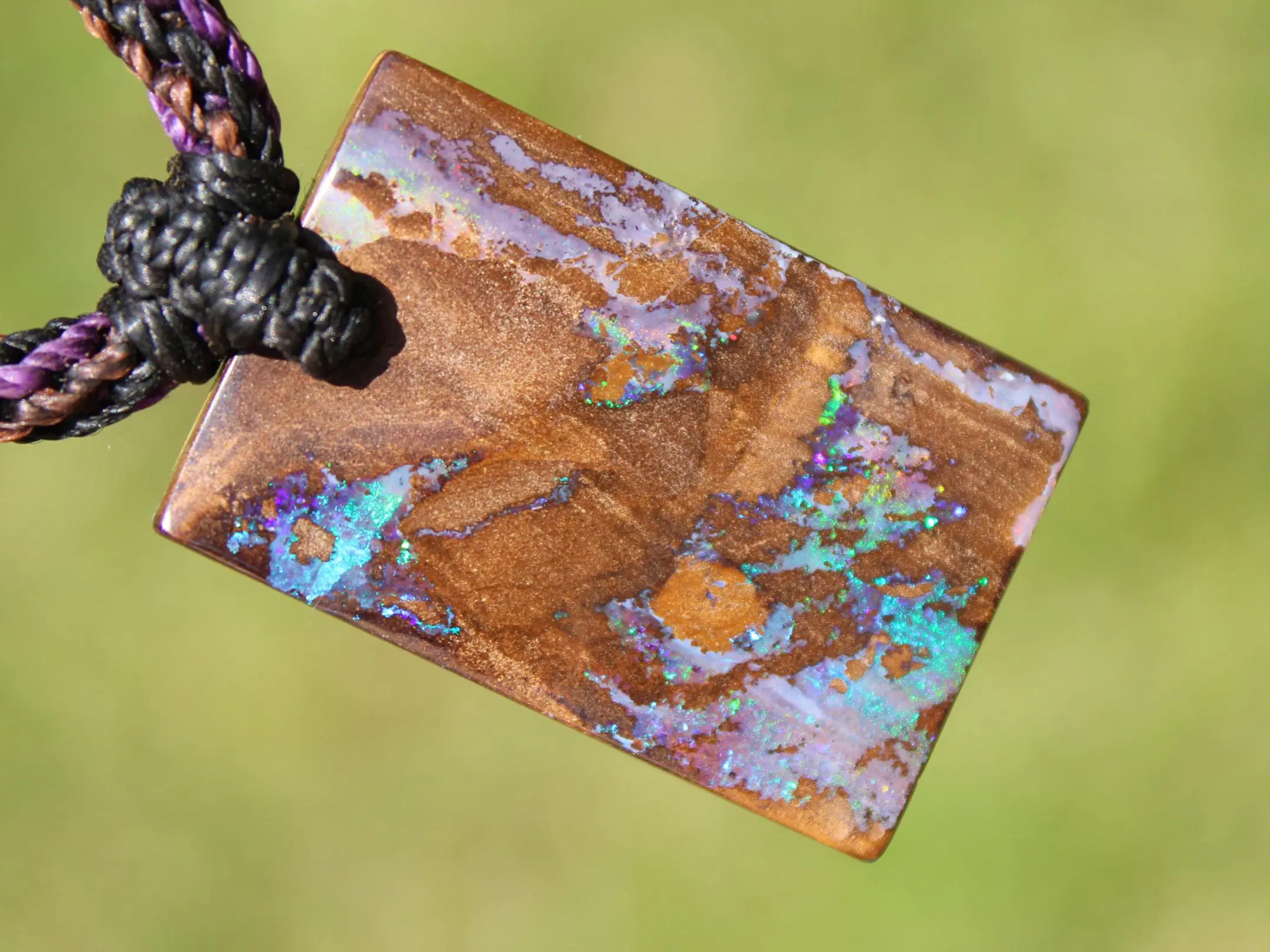 Rainbow Matrix Boulder Opal Necklace, Australian handmade Platypus Dreaming Opal Pendant, Australian boulder opal handwoven tropical cord - Image 5