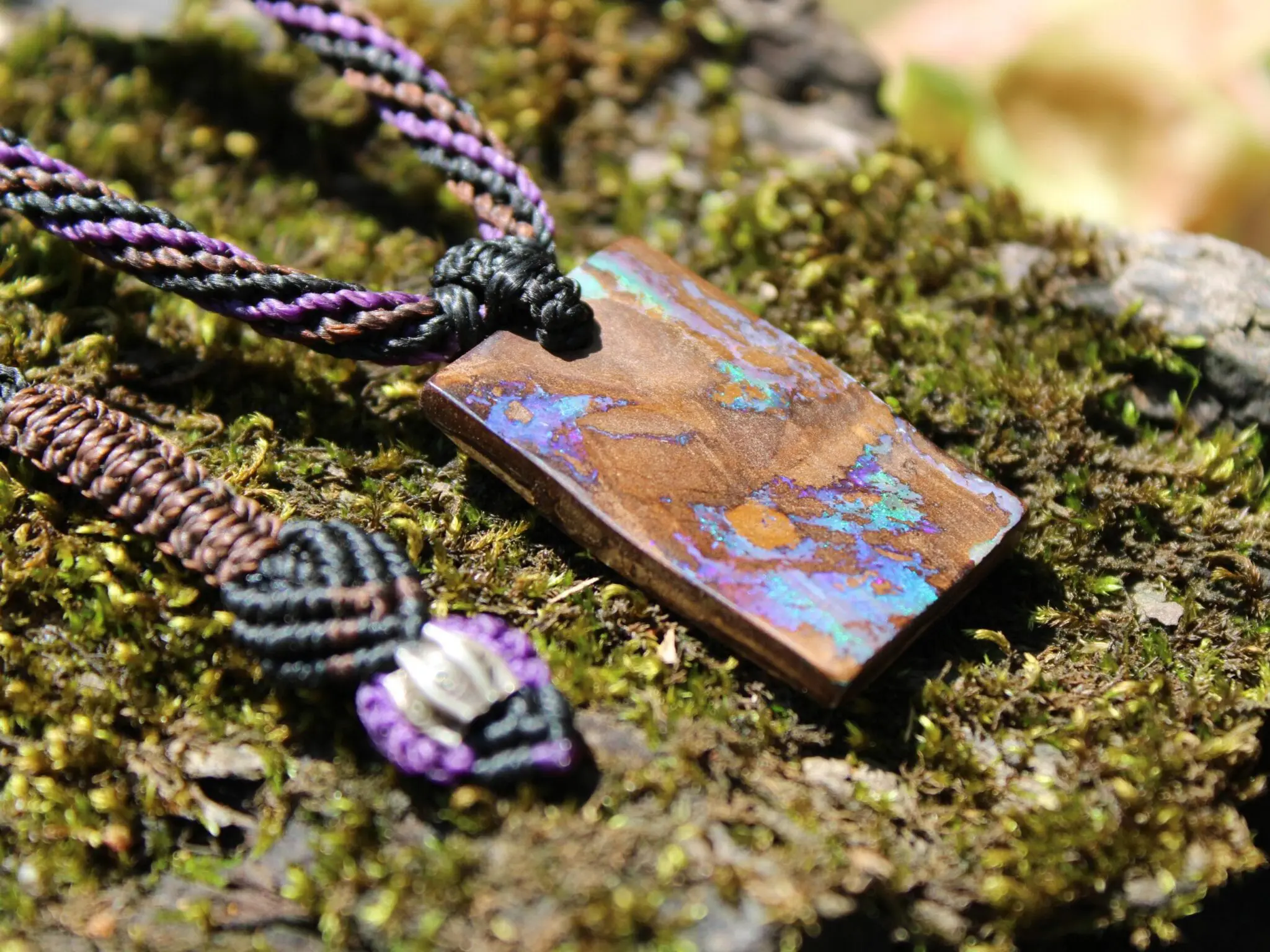 Rainbow Matrix Boulder Opal Necklace, Australian handmade Platypus Dreaming Opal Pendant, Australian boulder opal handwoven tropical cord