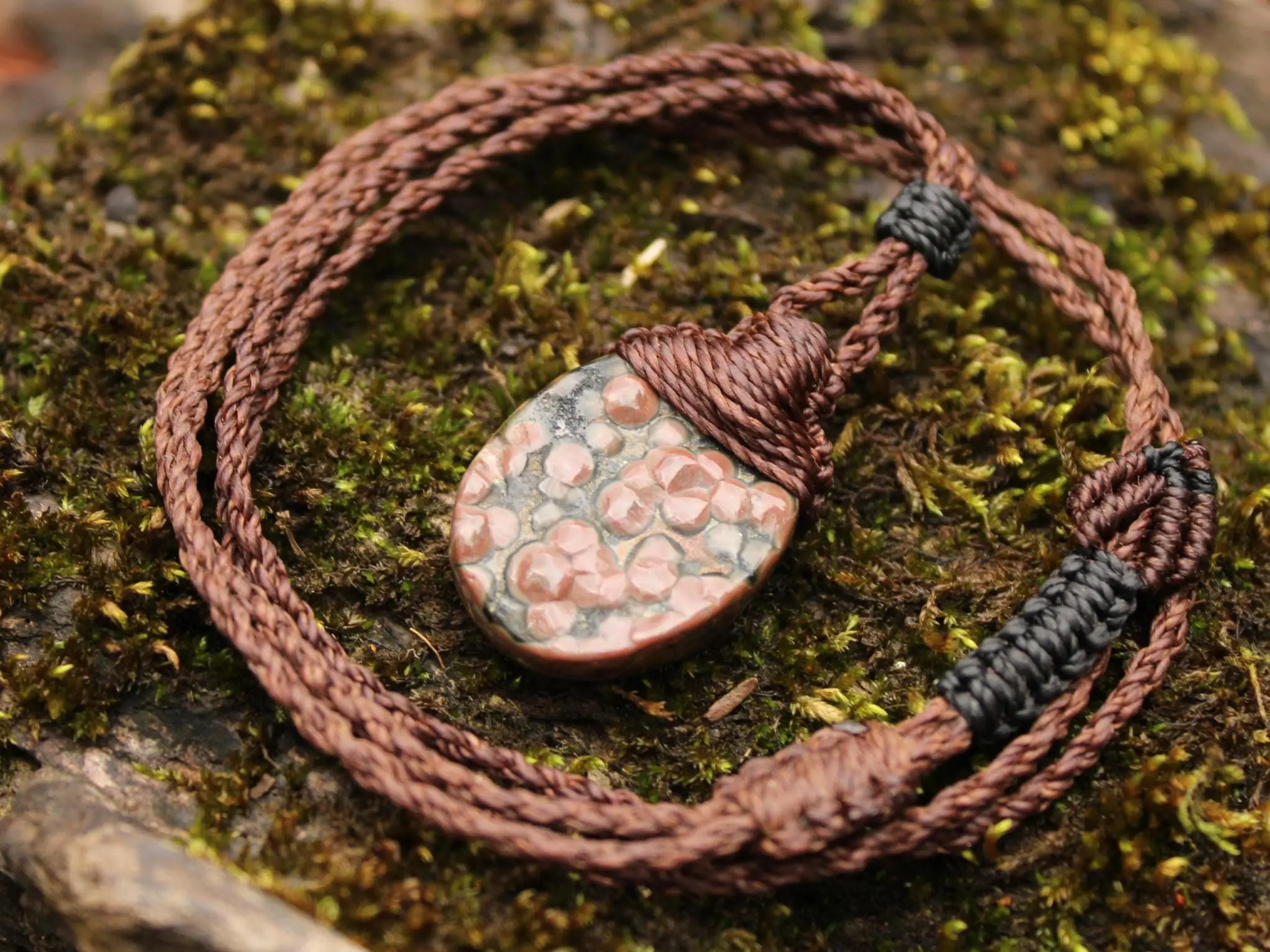 CORAL FOSSIL Necklace, Australian made Elven Macrame Thin Cord Healing Crystal Jewelry, Red coral fossil Pendant, march birthstone