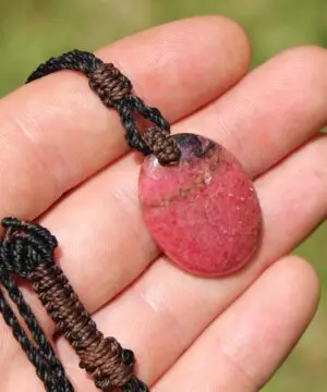Australian Rhodonite Necklace, Tribal pendant. Macrame necklace, Heart Chakra stone Jewelry, PINK SONE jewelry, Taurus elf NECKLACE