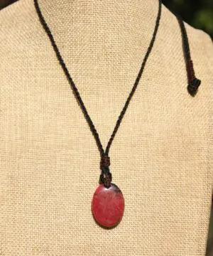 Australian Rhodonite Necklace, Tribal pendant. Macrame necklace, Heart Chakra stone Jewelry, PINK SONE jewelry, Taurus elf NECKLACE