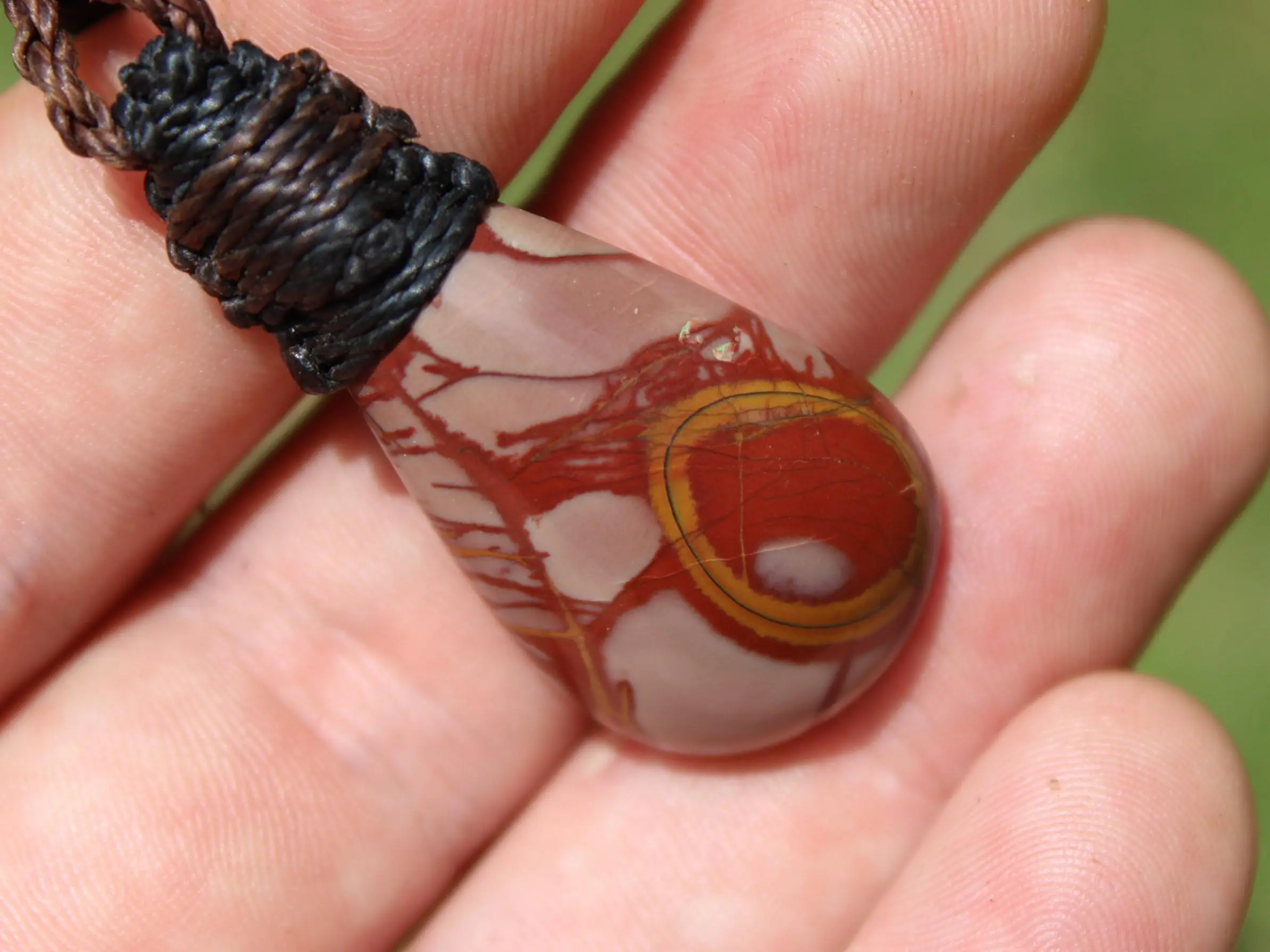 Australian noreena jasper necklace, australian made thin macrame cord, red stone tribal healing jewelry, may birthstone, tribal pendant