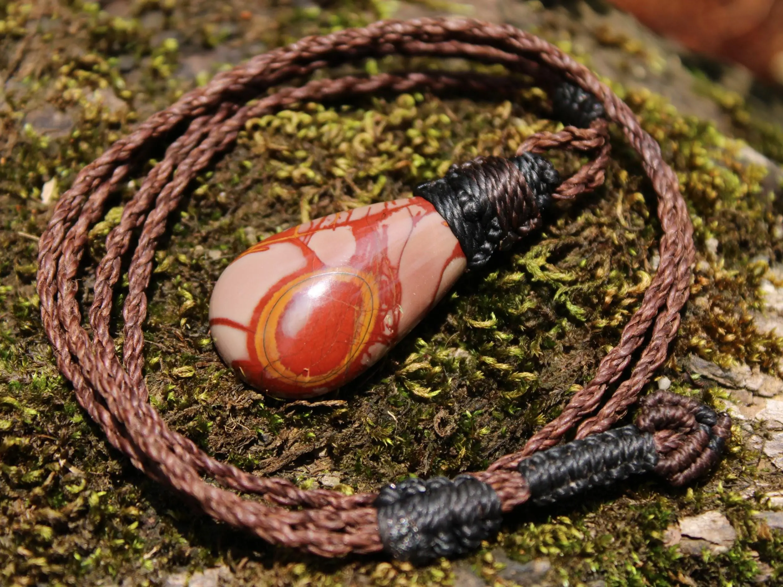 Australian noreena jasper necklace, australian made thin macrame cord, red stone tribal healing jewelry, may birthstone, tribal pendant