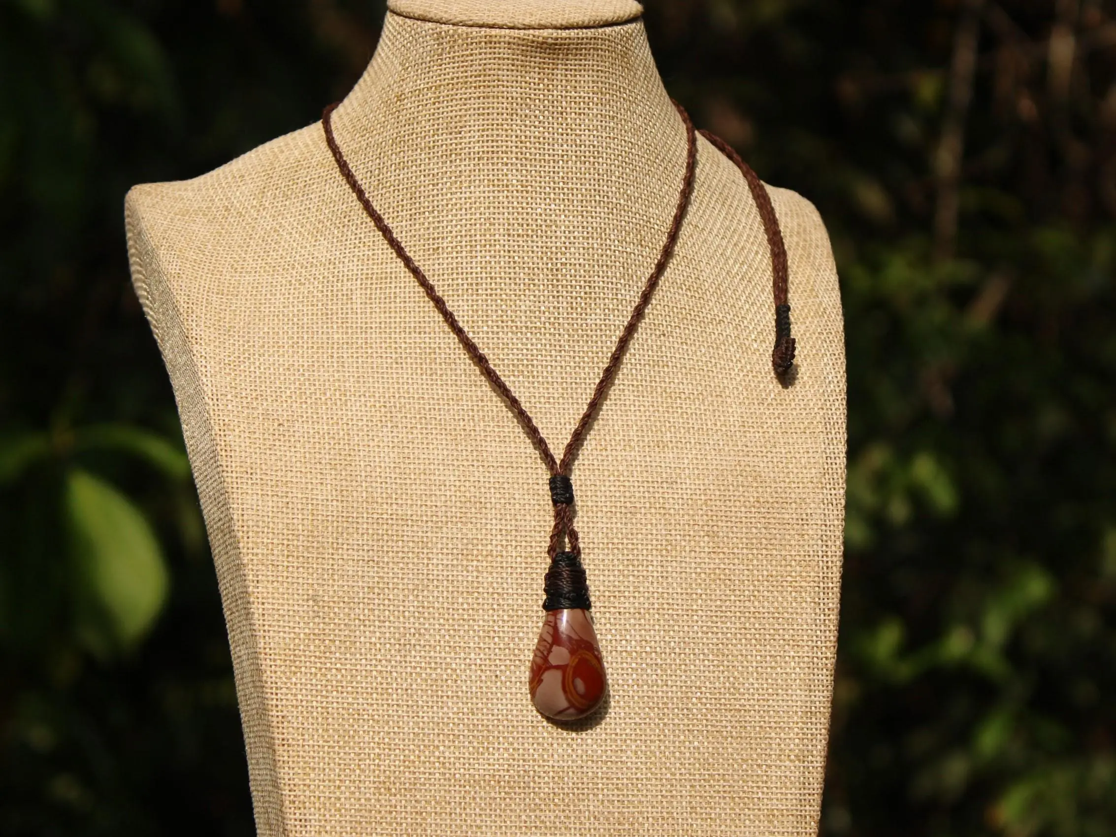Australian noreena jasper necklace, australian made thin macrame cord, red stone tribal healing jewelry, may birthstone, tribal pendant