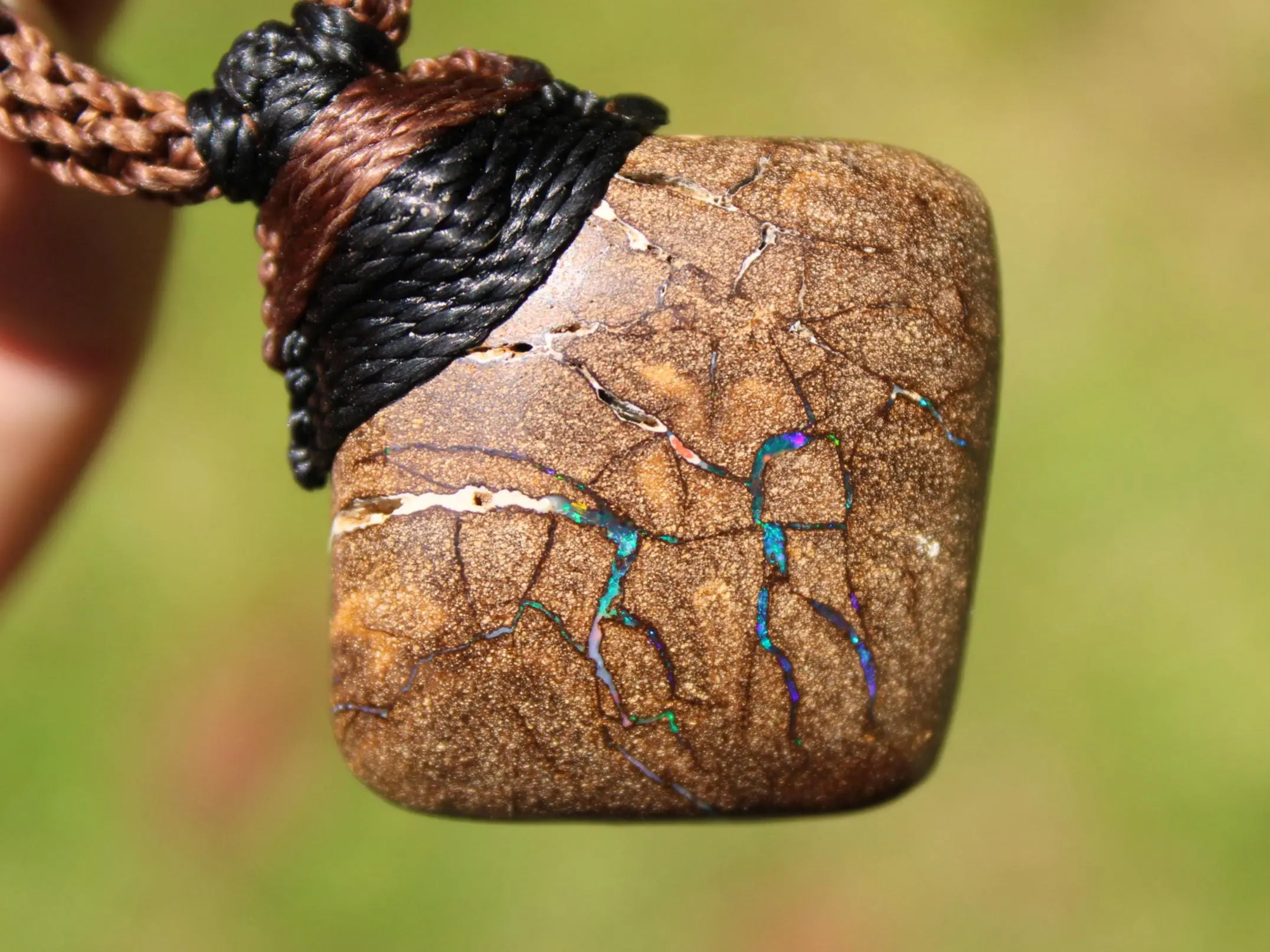 Australian boulder opal necklace, Australian made handwoven tropical cord natural jewelry, Australian opal jewelry, October birthstone