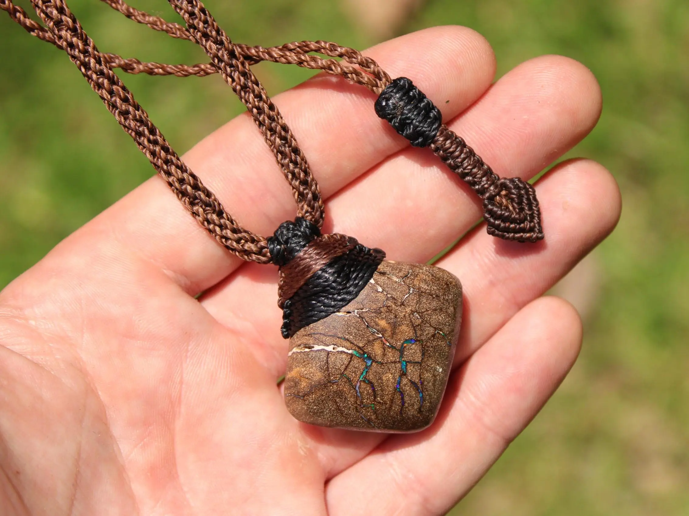Australian boulder opal necklace, Australian made handwoven tropical cord natural jewelry, Australian opal jewelry, October birthstone