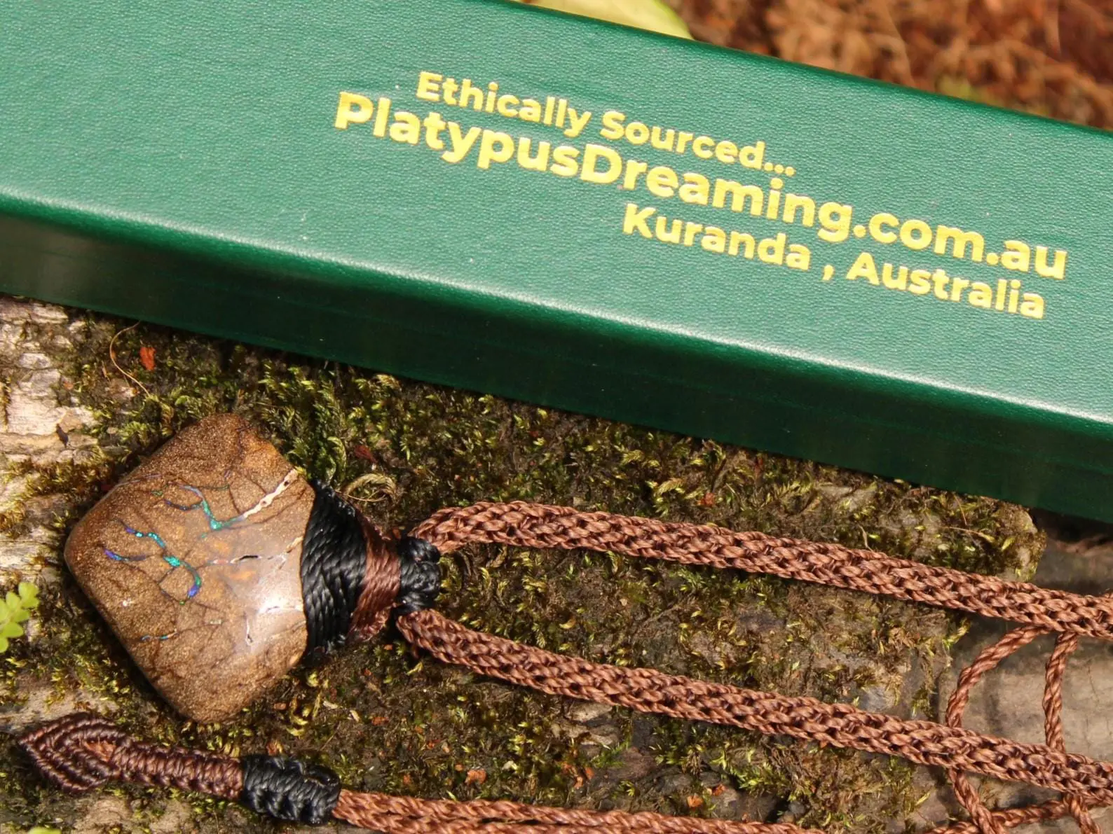 Australian boulder opal necklace, Australian made handwoven tropical cord natural jewelry, Australian opal jewelry, October birthstone