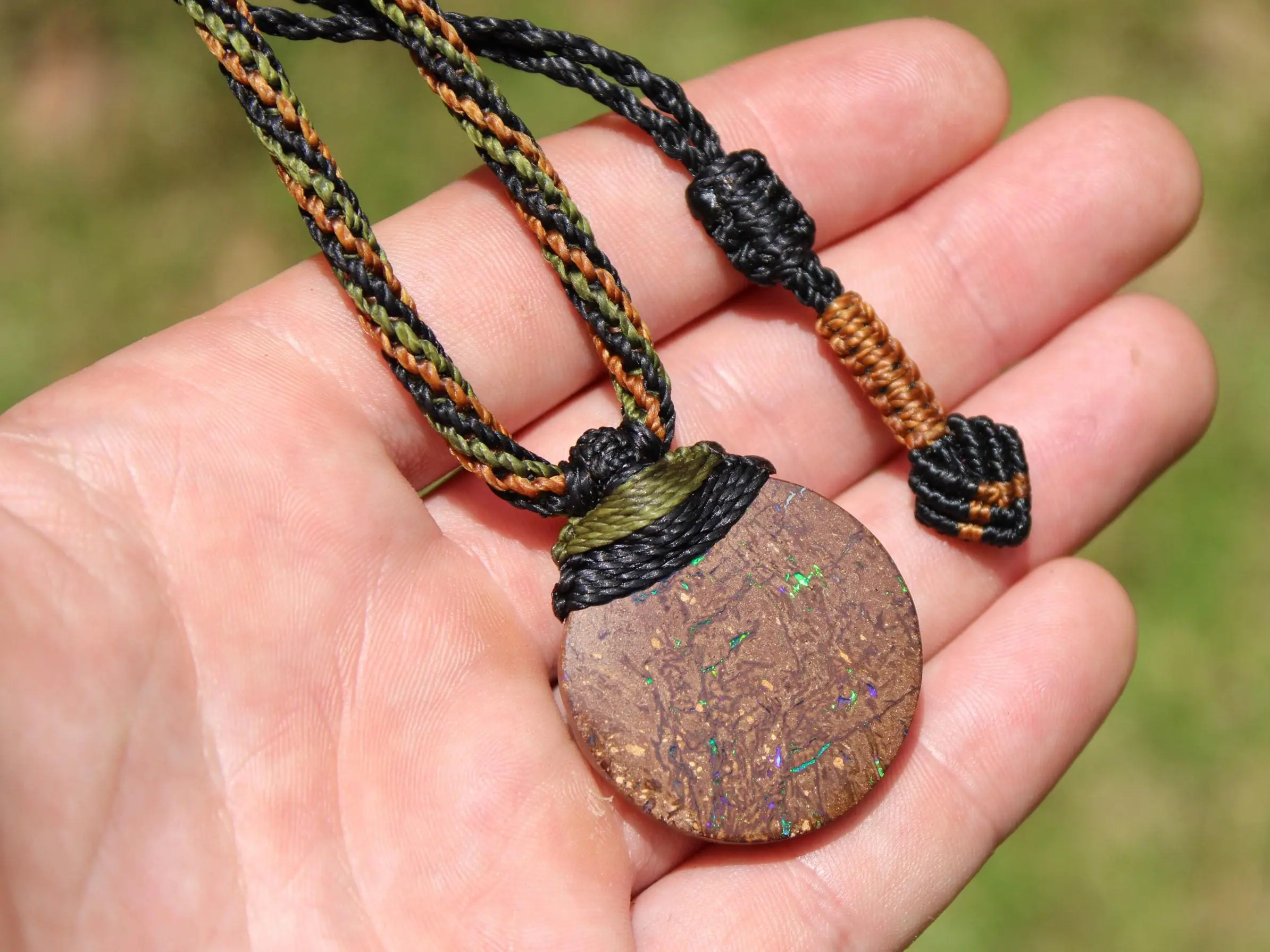 Australian matrix boulder opal necklace,Australian made handwoven tropical cord natural jewelry, Australian opal pendant, October birthstone