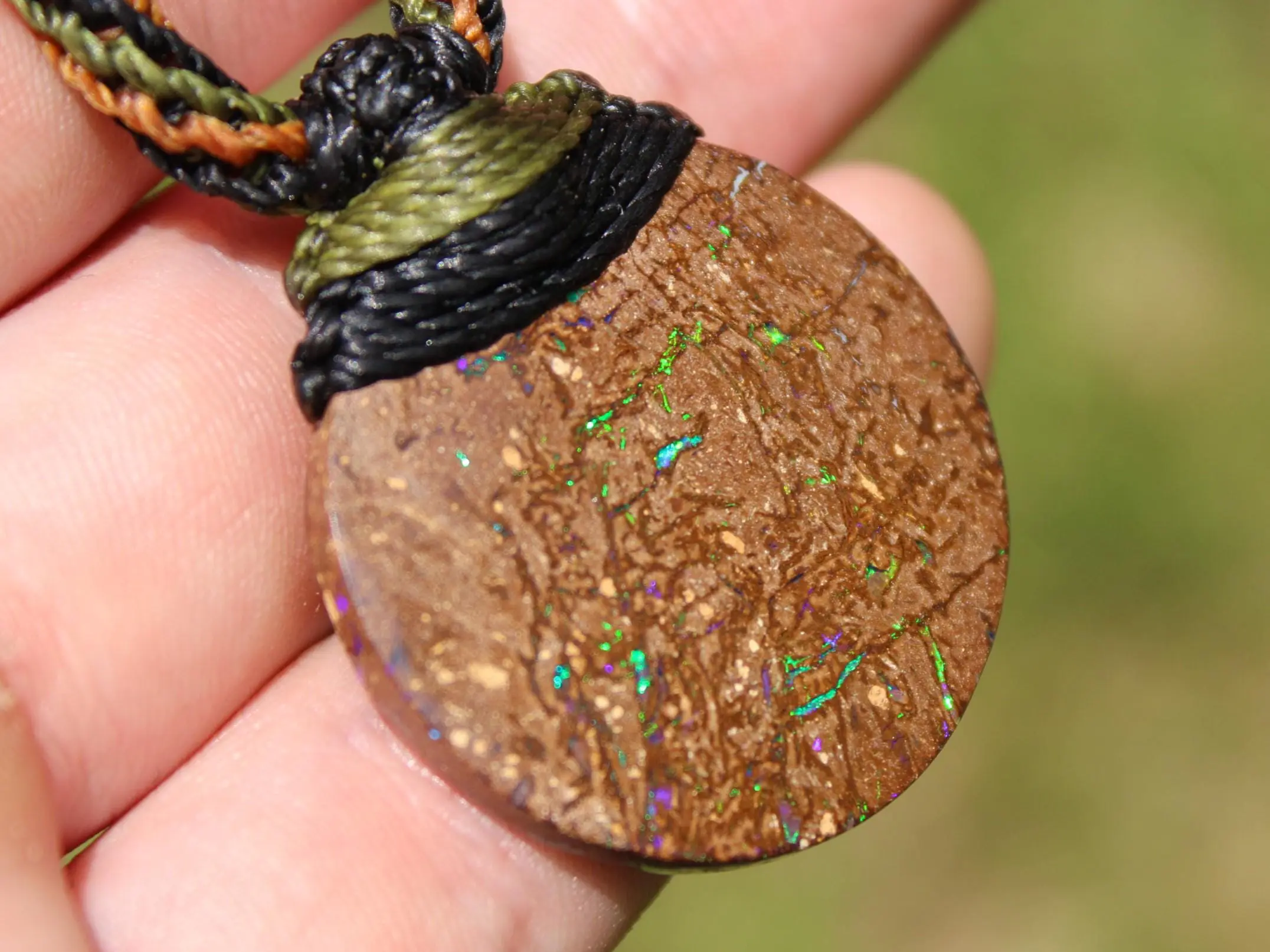 Australian matrix boulder opal necklace,Australian made handwoven tropical cord natural jewelry, Australian opal pendant, October birthstone
