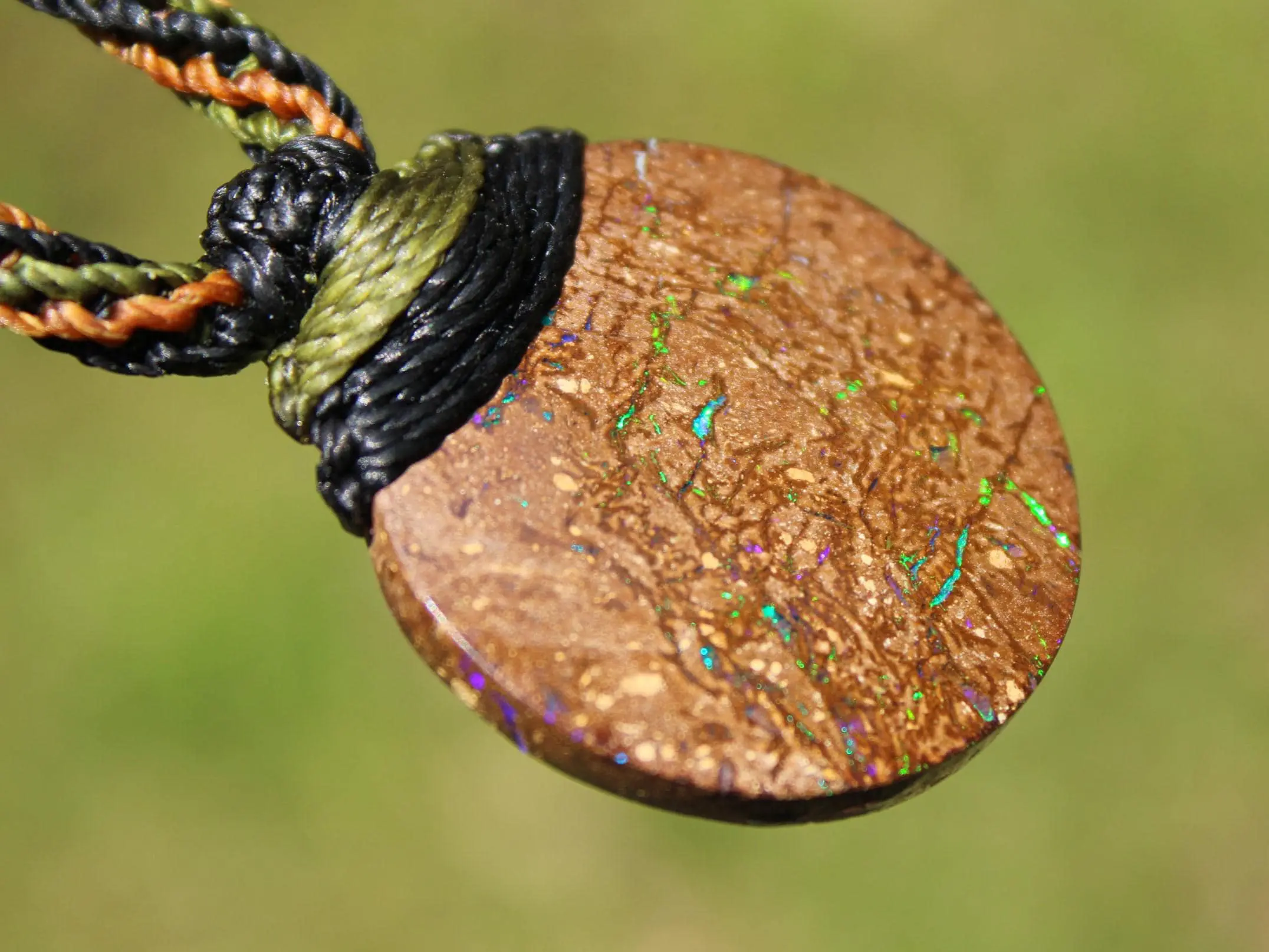 Australian matrix boulder opal necklace,Australian made handwoven tropical cord natural jewelry, Australian opal pendant, October birthstone