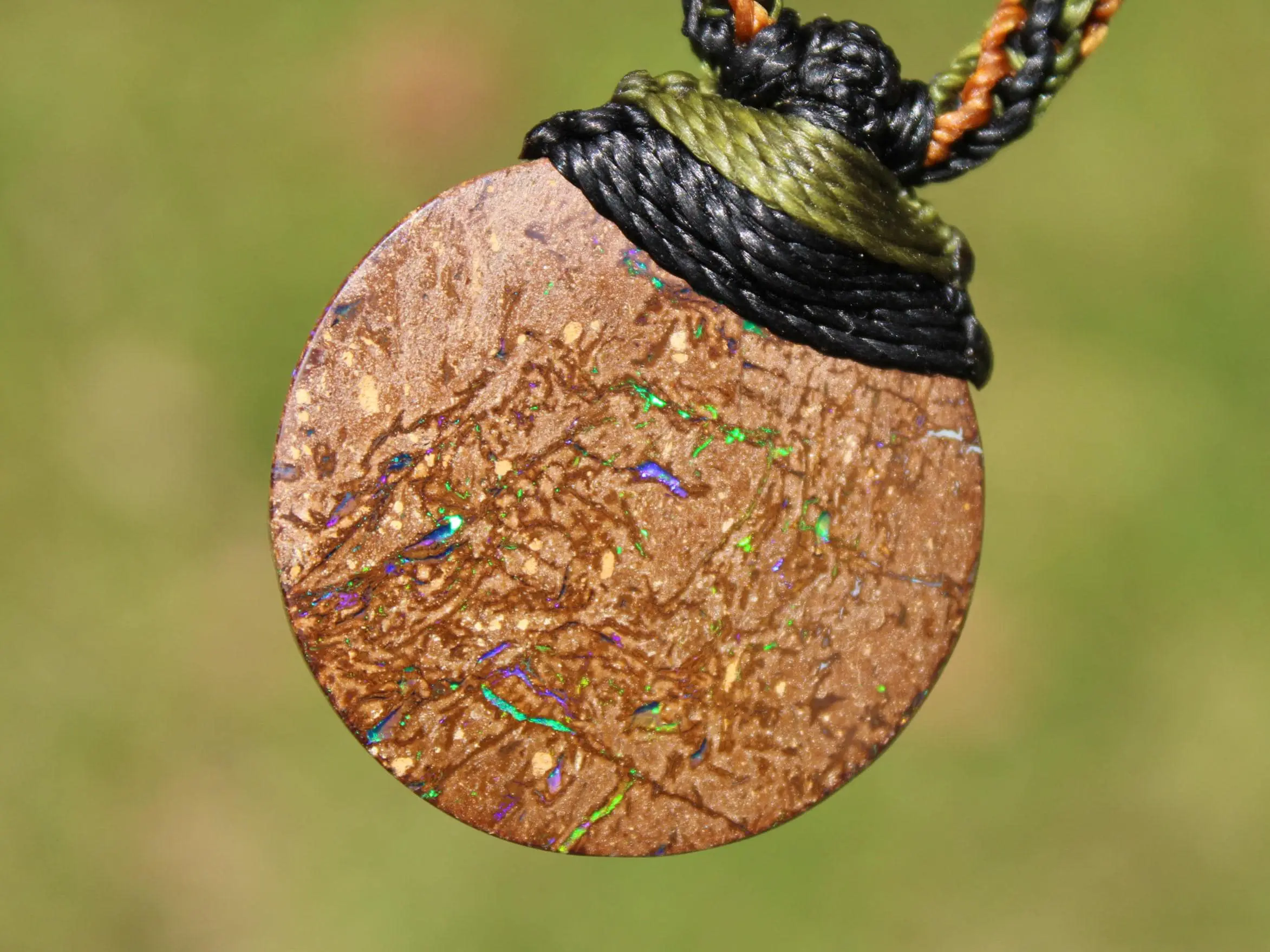Australian matrix boulder opal necklace,Australian made handwoven tropical cord natural jewelry, Australian opal pendant, October birthstone