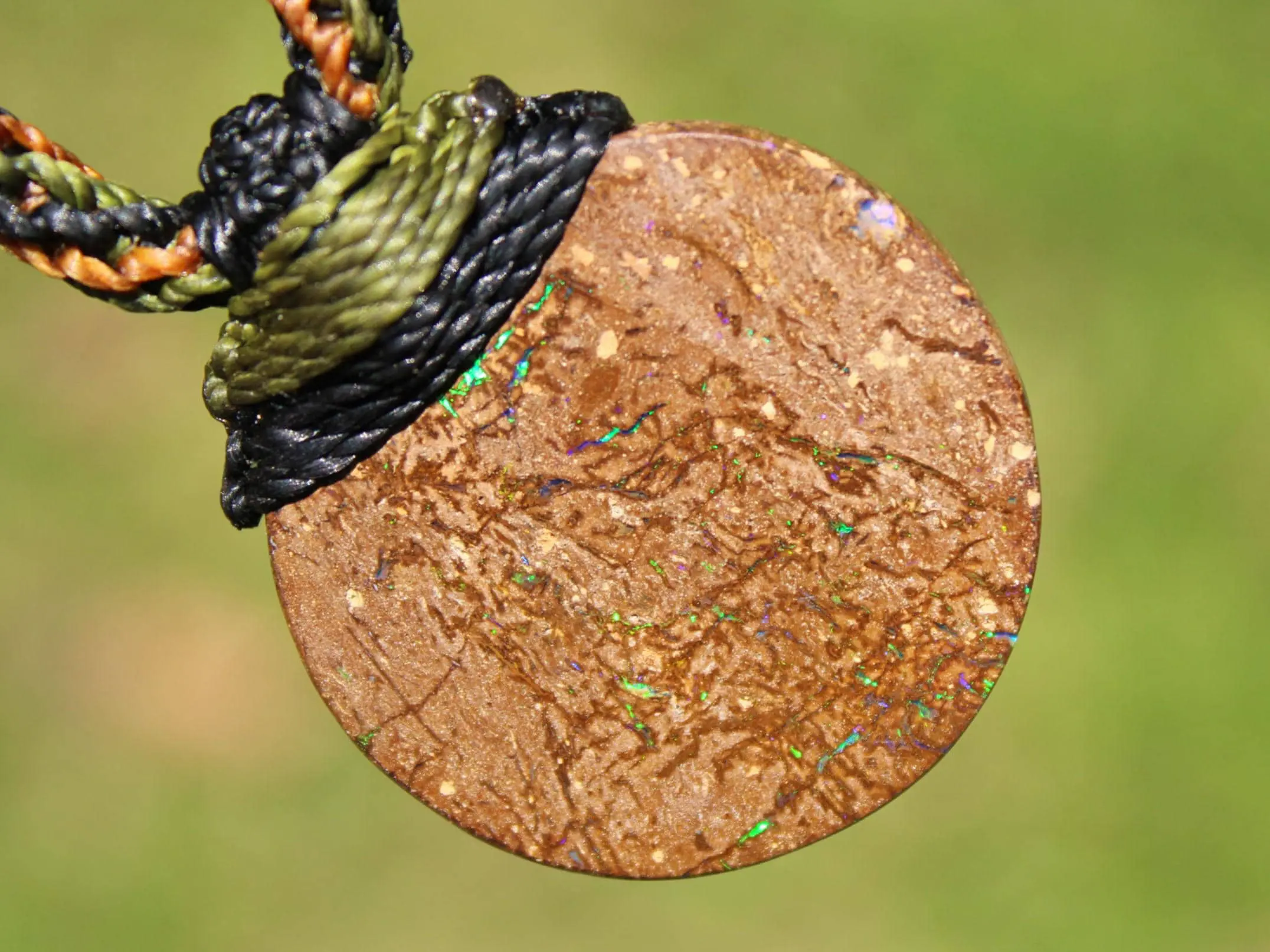 Australian matrix boulder opal necklace,Australian made handwoven tropical cord natural jewelry, Australian opal pendant, October birthstone