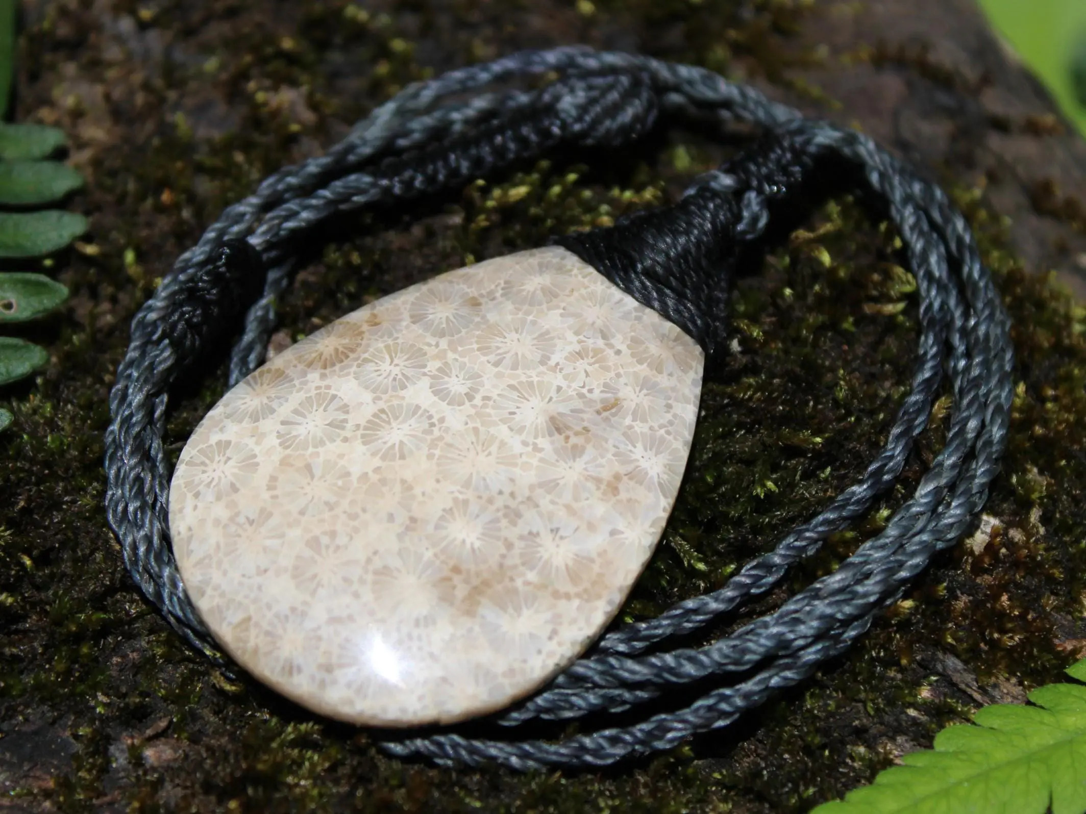 Cooktown CORAL FOSSIL crystal Necklace, Ancient Gemstone Jewelry, Australian Macrame Cord surfer Pendant , Australian Rainforest Alchemy