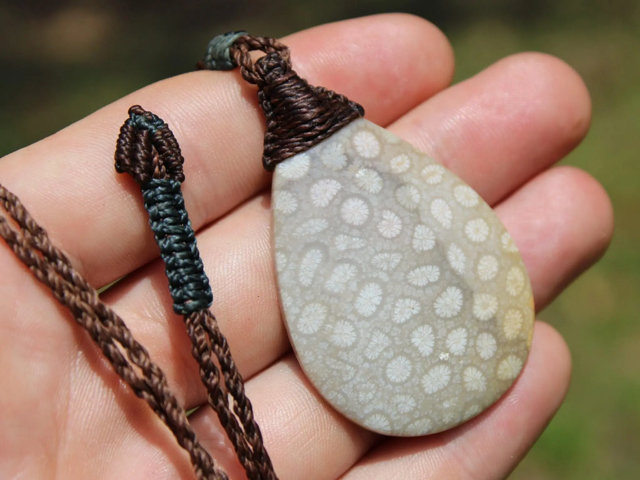 Australian Fossilized Coral Necklace • One-of-a-Kind Crystal Talisman • Handmade Adjustable Pendant on Waxed Tropical Cord, surfer Pendant - Image 2