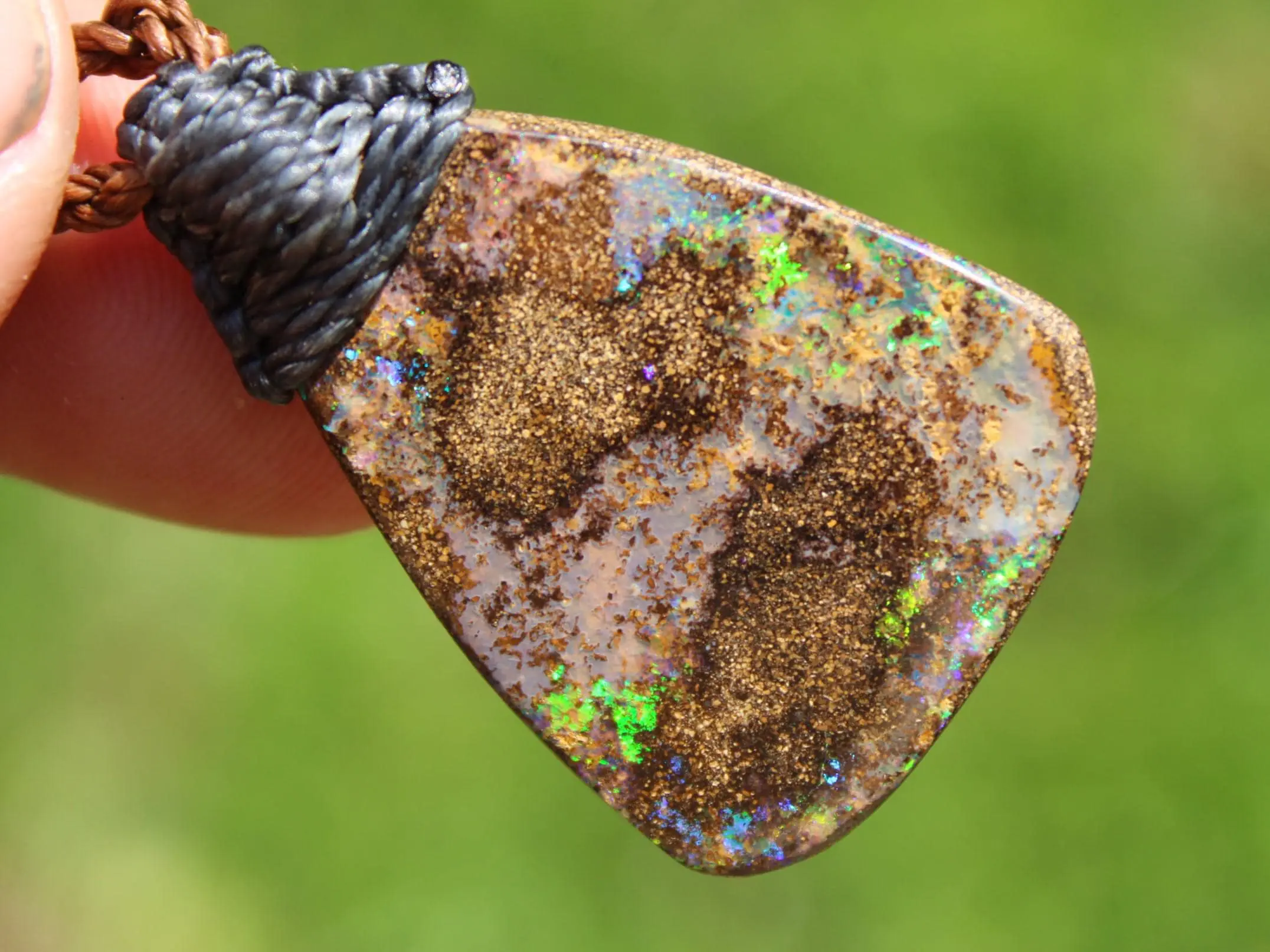 Australian Fire Matrix Boulder OPAL Pendant Necklace, Solid Boulder Opal jewelry, Australian Made Tropical Macrame Wax Cord Healing Jewelry