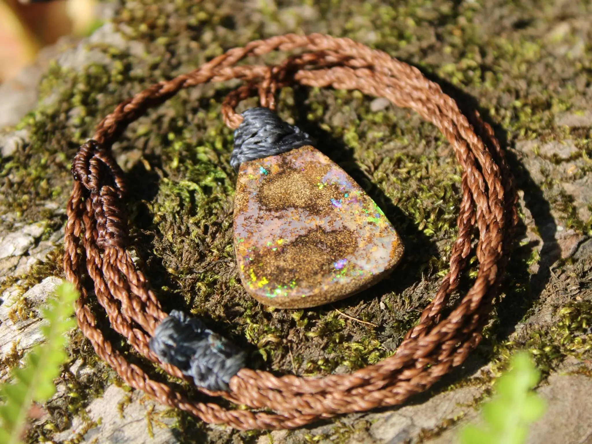 Australian Fire Matrix Boulder OPAL Pendant Necklace, Solid Boulder Opal jewelry, Australian Made Tropical Macrame Wax Cord Healing Jewelry - Image 3