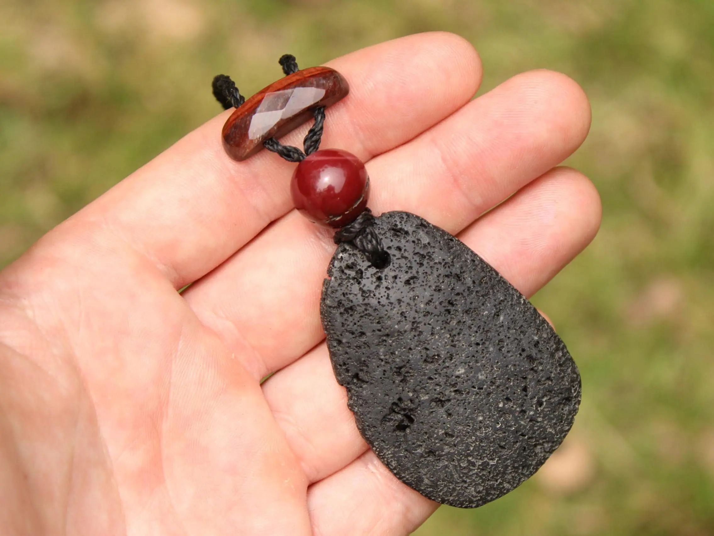 Australian Mookaite Necklace, Lava Rock Tiger Eye Talisman, Tribal Crystal Pendant, Australian Handmade Handwoven Tropical Cord Jewelry