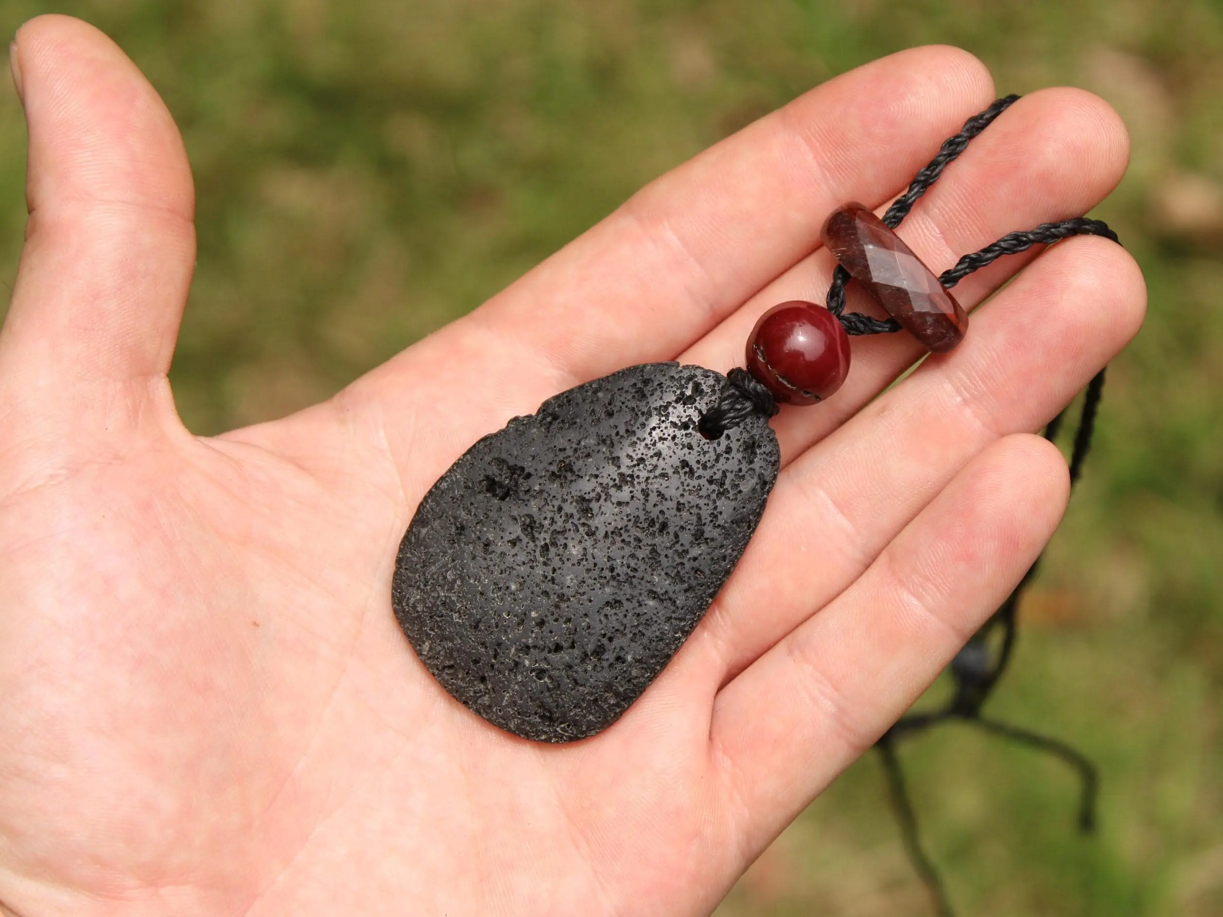 Australian Mookaite Necklace, Lava Rock Tiger Eye Talisman, Tribal Crystal Pendant, Australian Handmade Handwoven Tropical Cord Jewelry