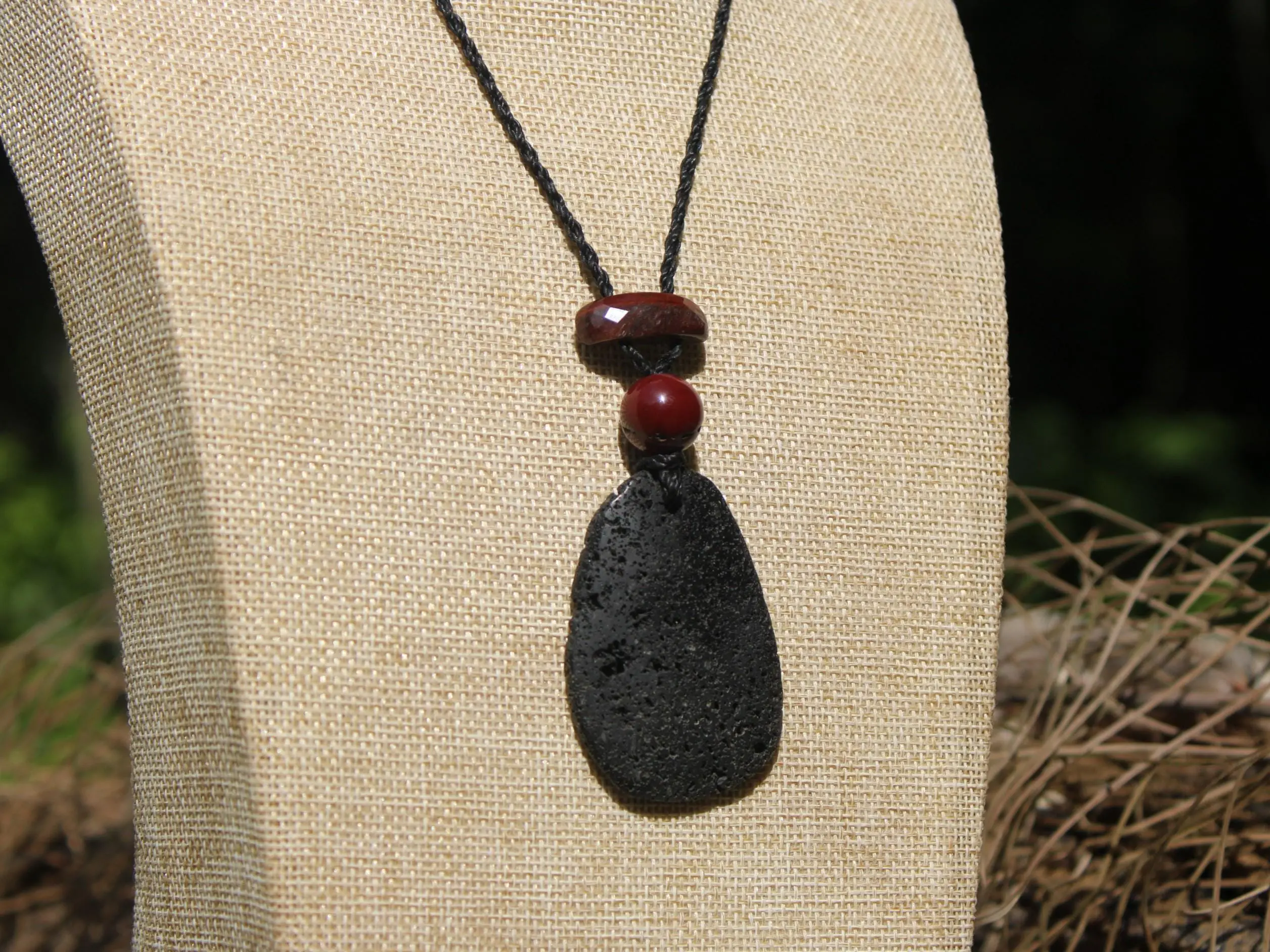 Australian Mookaite Necklace, Lava Rock Tiger Eye Talisman, Tribal Crystal Pendant, Australian Handmade Handwoven Tropical Cord Jewelry