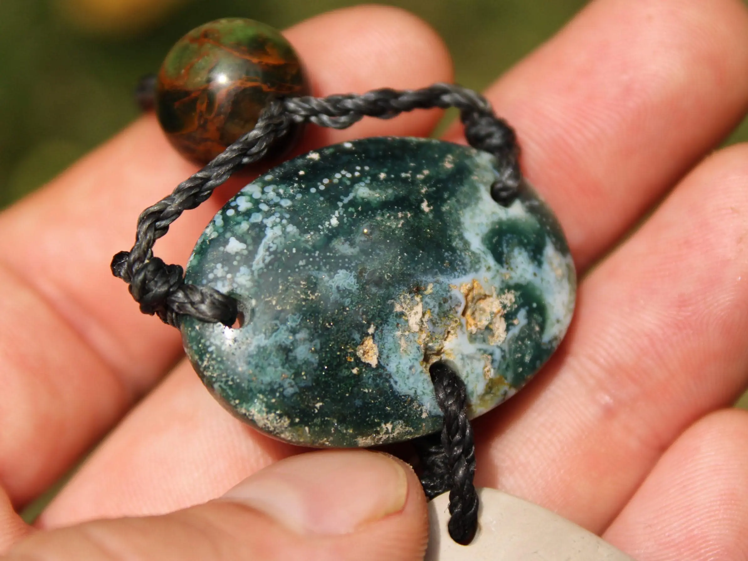 Australian Rainforest Jasper Necklace, Ocean Jasper Eclipse Stone Talisman, Crystal Pendant , Australian Handmade, Handwoven Tropical Cord