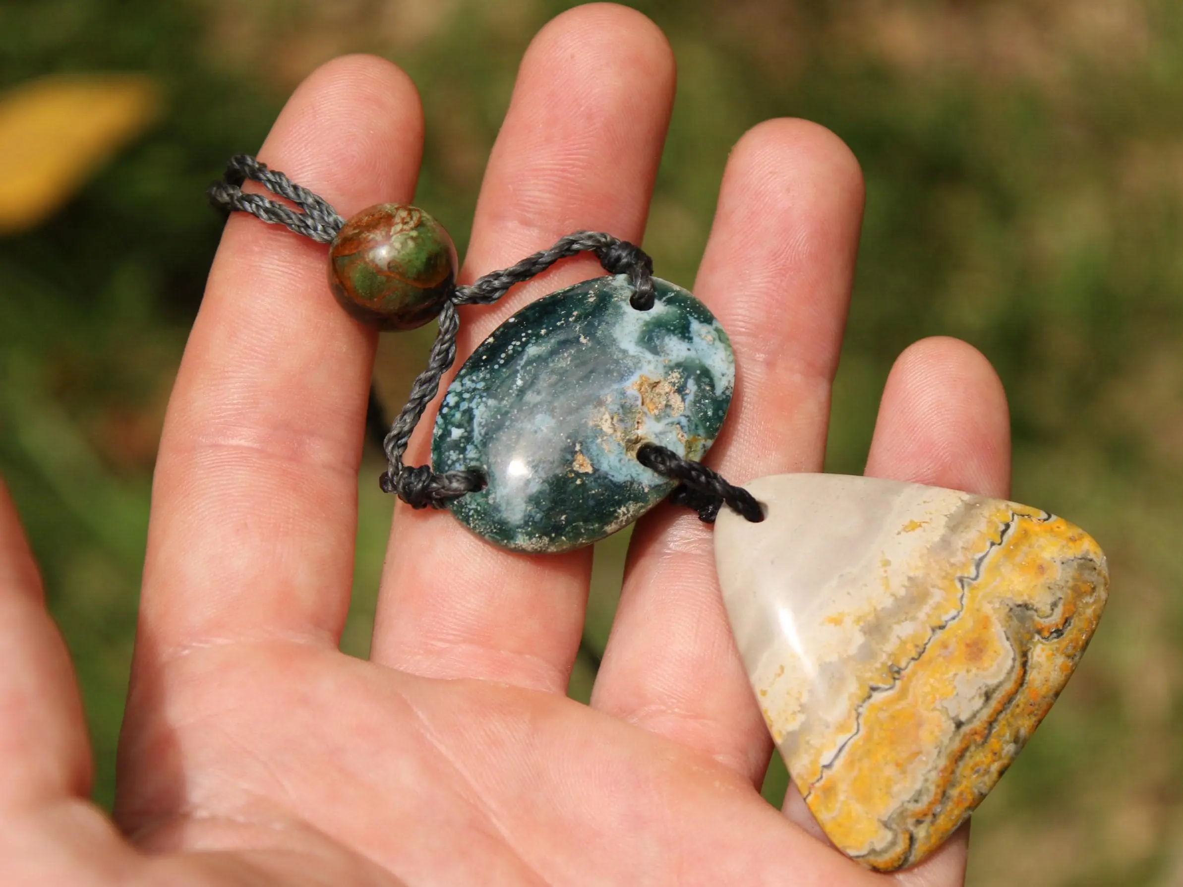 Australian Rainforest Jasper Necklace, Ocean Jasper Eclipse Stone Talisman, Crystal Pendant , Australian Handmade, Handwoven Tropical Cord