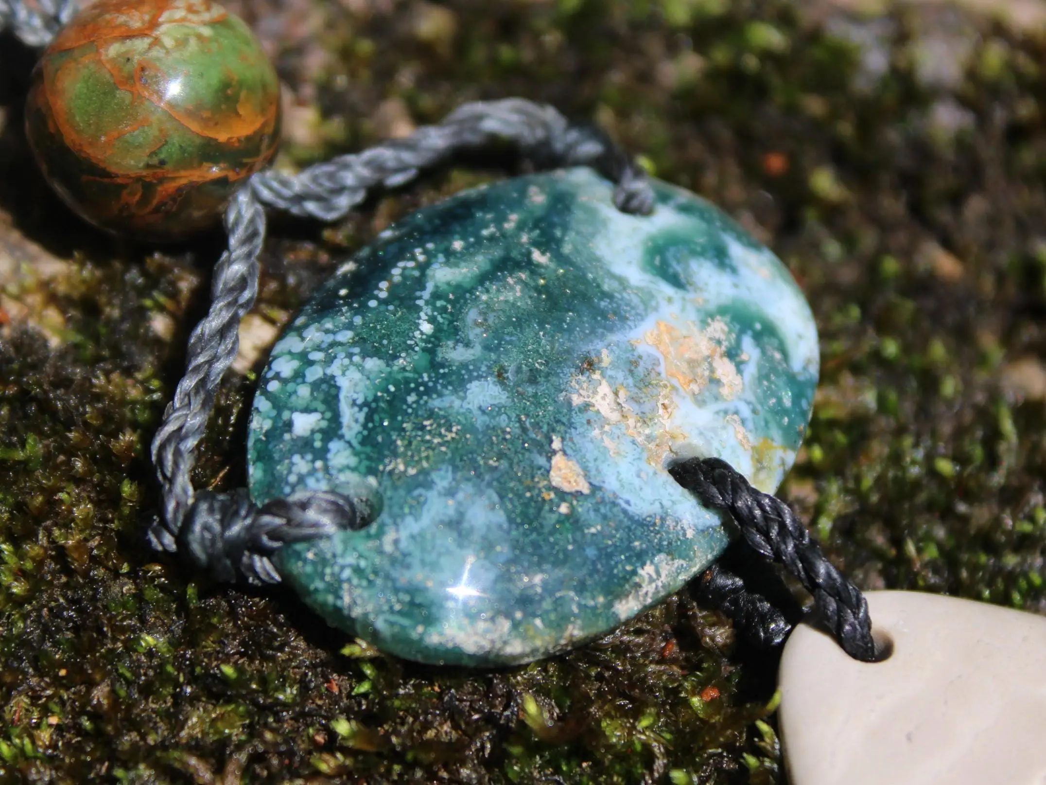 Australian Rainforest Jasper Necklace, Ocean Jasper Eclipse Stone Talisman, Crystal Pendant , Australian Handmade, Handwoven Tropical Cord