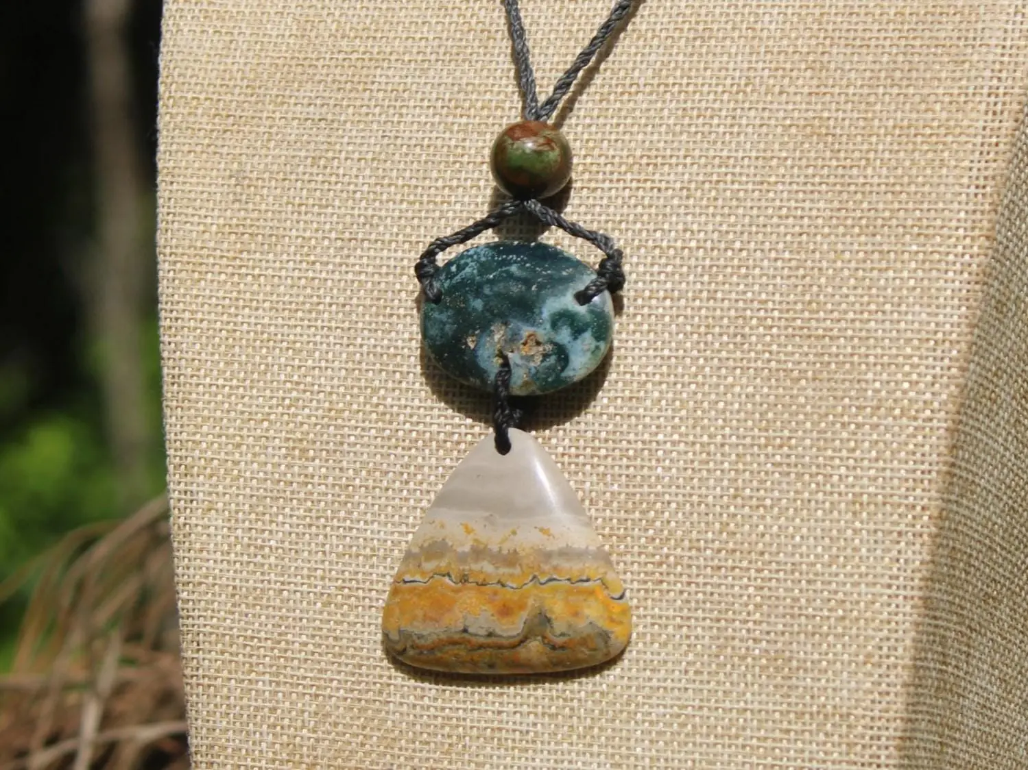 Australian Rainforest Jasper Necklace, Ocean Jasper Eclipse Stone Talisman, Crystal Pendant , Australian Handmade, Handwoven Tropical Cord