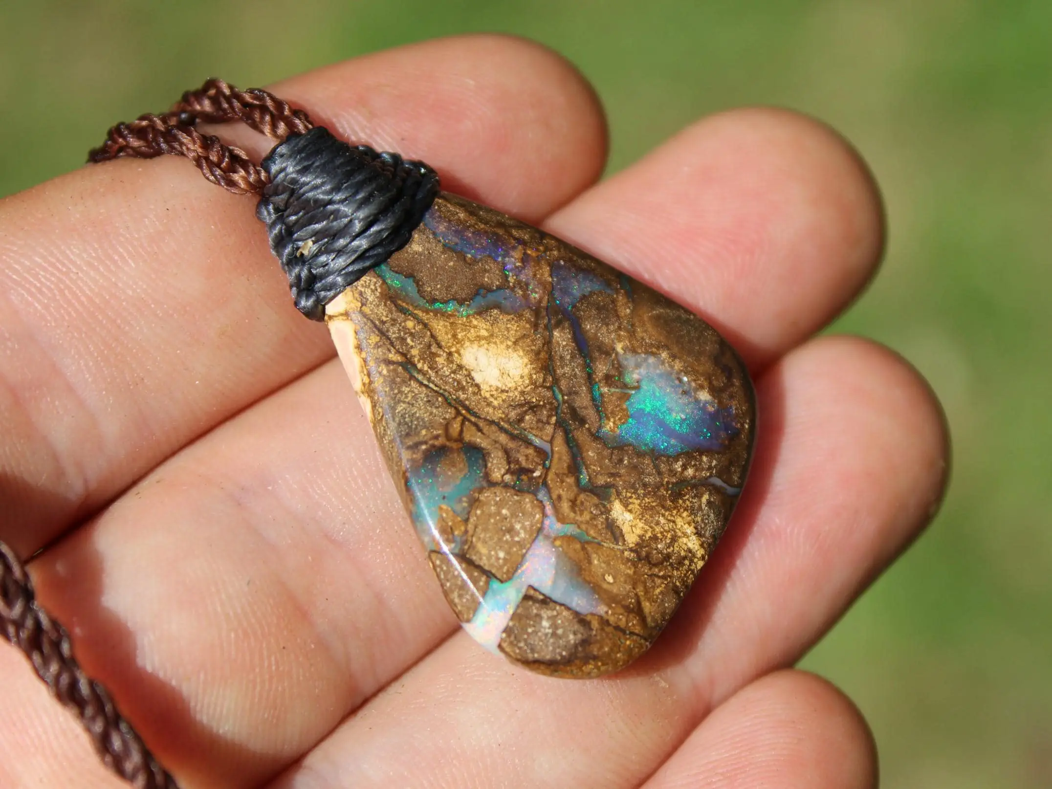 Australian Boulder OPAL Pendant Necklace, Solid Boulder Opal jewelry, Australian Made Tropical Macrame Wax Cord Healing Jewelry - Image 3