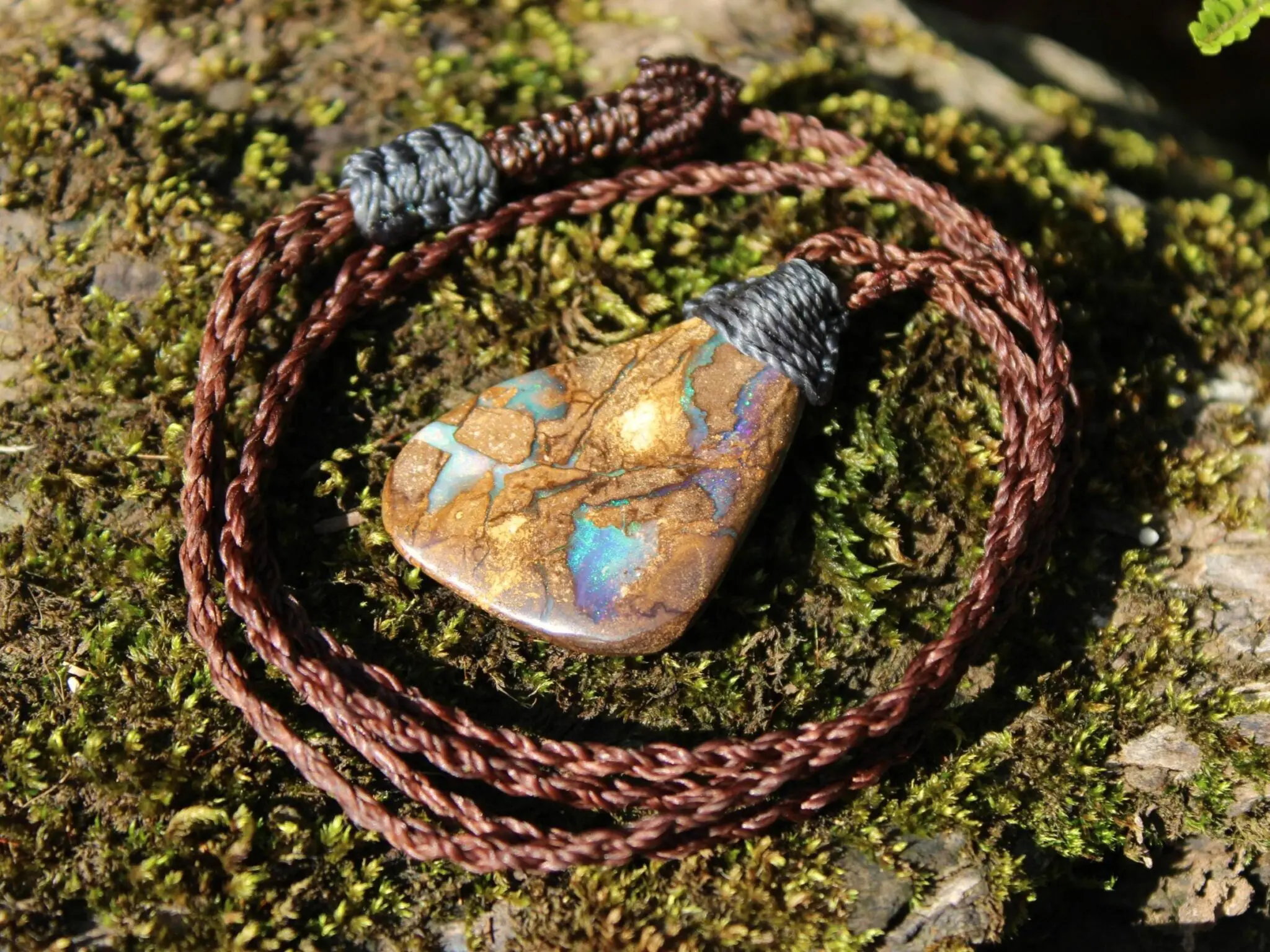 Australian Boulder OPAL Pendant Necklace, Solid Boulder Opal jewelry, Australian Made Tropical Macrame Wax Cord Healing Jewelry - Image 2