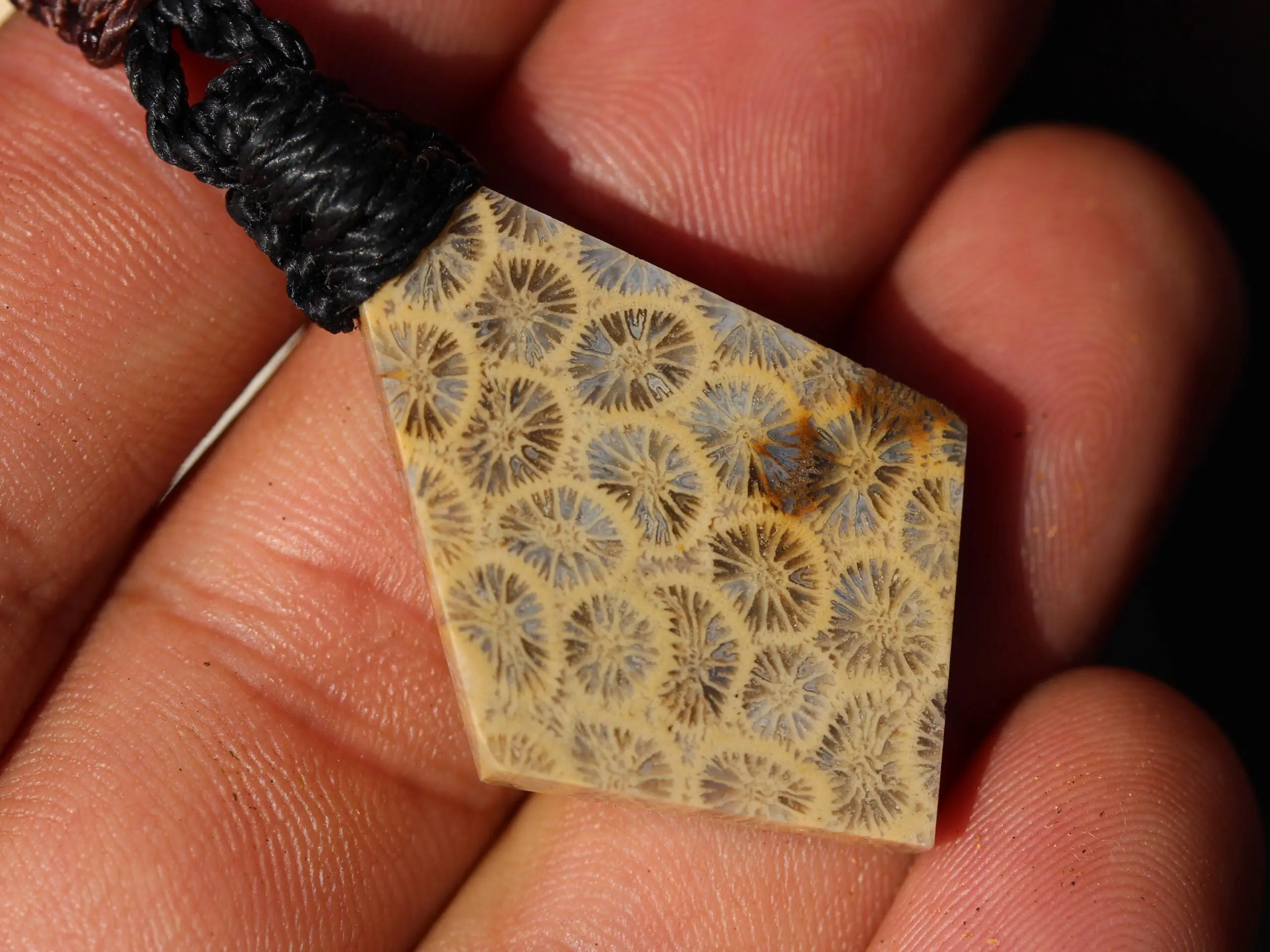 Cooktown Fossil Agate Coral Necklace talisman, One-of-a-Kind Crystal Talisman, Australian Handmade handwoven Waxed Tropical Cord Pendant