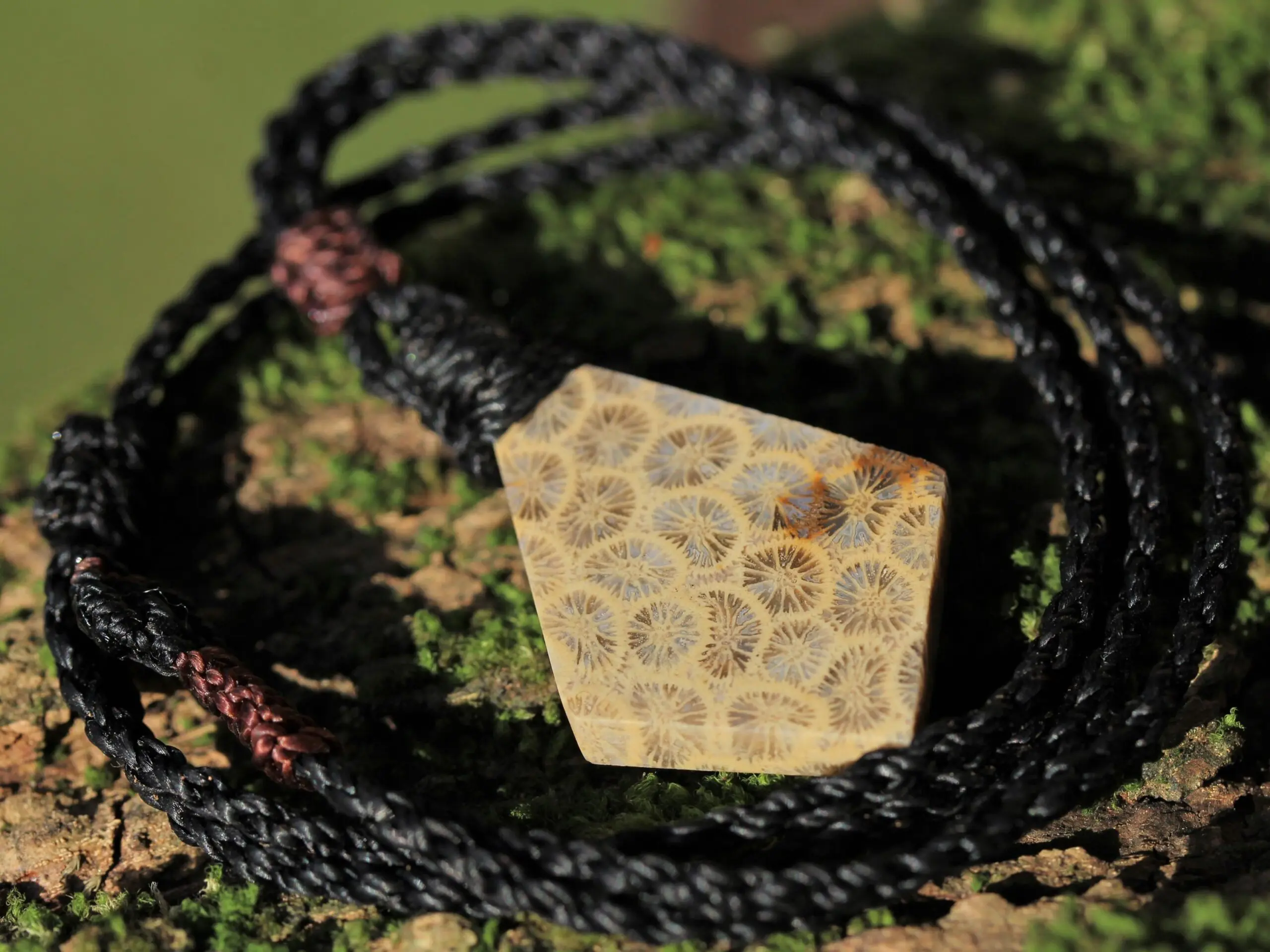 Cooktown Fossil Agate Coral Necklace talisman, One-of-a-Kind Crystal Talisman, Australian Handmade handwoven Waxed Tropical Cord Pendant