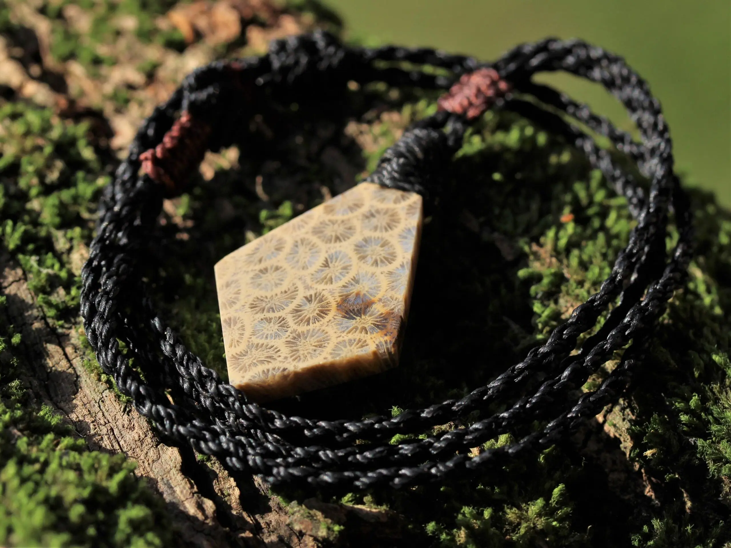 Cooktown Fossil Agate Coral Necklace talisman, One-of-a-Kind Crystal Talisman, Australian Handmade handwoven Waxed Tropical Cord Pendant