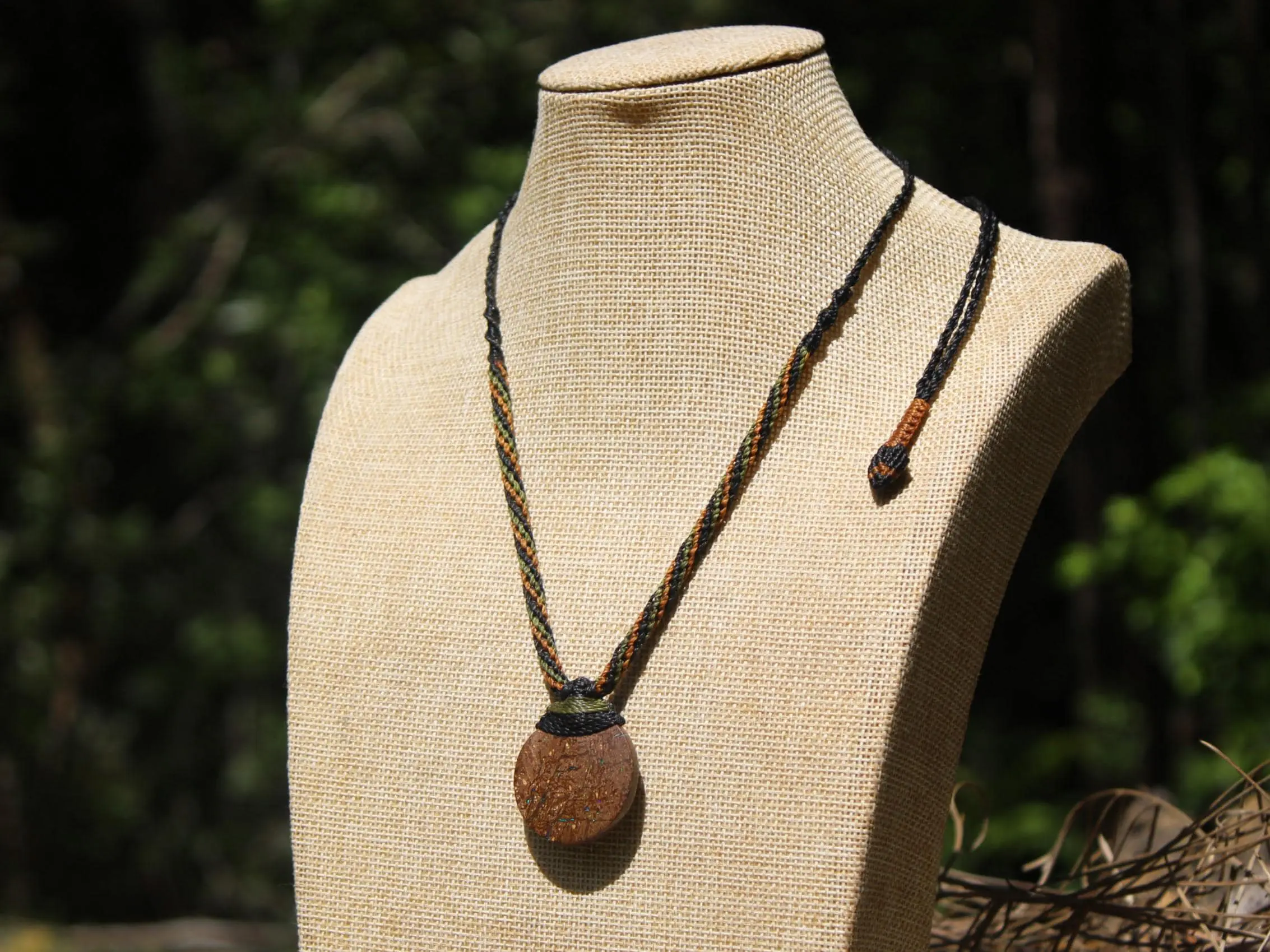 Australian matrix boulder opal necklace,Australian made handwoven tropical cord natural jewelry, Australian opal pendant, October birthstone