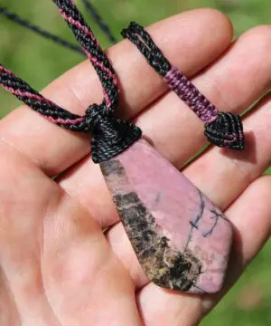 Alternative view of Australian Dendritic Rhodonite pendant, Australian Made Tropical Cord, Elf Healing Stone , Taurus, october birth stone, Elven pink crystal