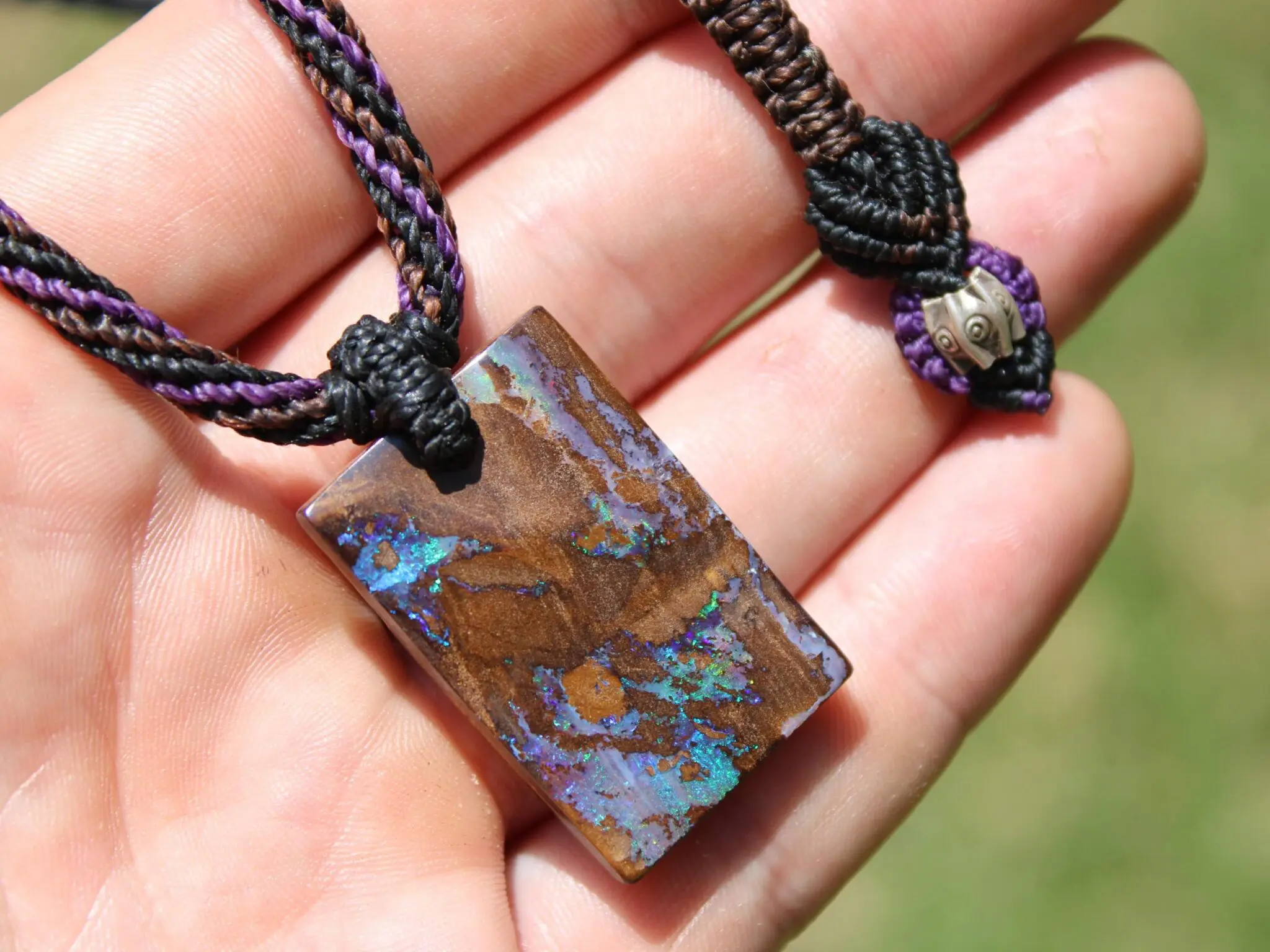 Rainbow Matrix Boulder Opal Necklace, Australian handmade Platypus Dreaming Opal Pendant, Australian boulder opal handwoven tropical cord - Image 4