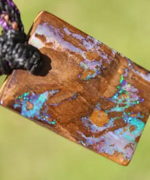 Alternative view of Rainbow Matrix Boulder Opal Necklace, Australian handmade Platypus Dreaming Opal Pendant, Australian boulder opal handwoven tropical cord