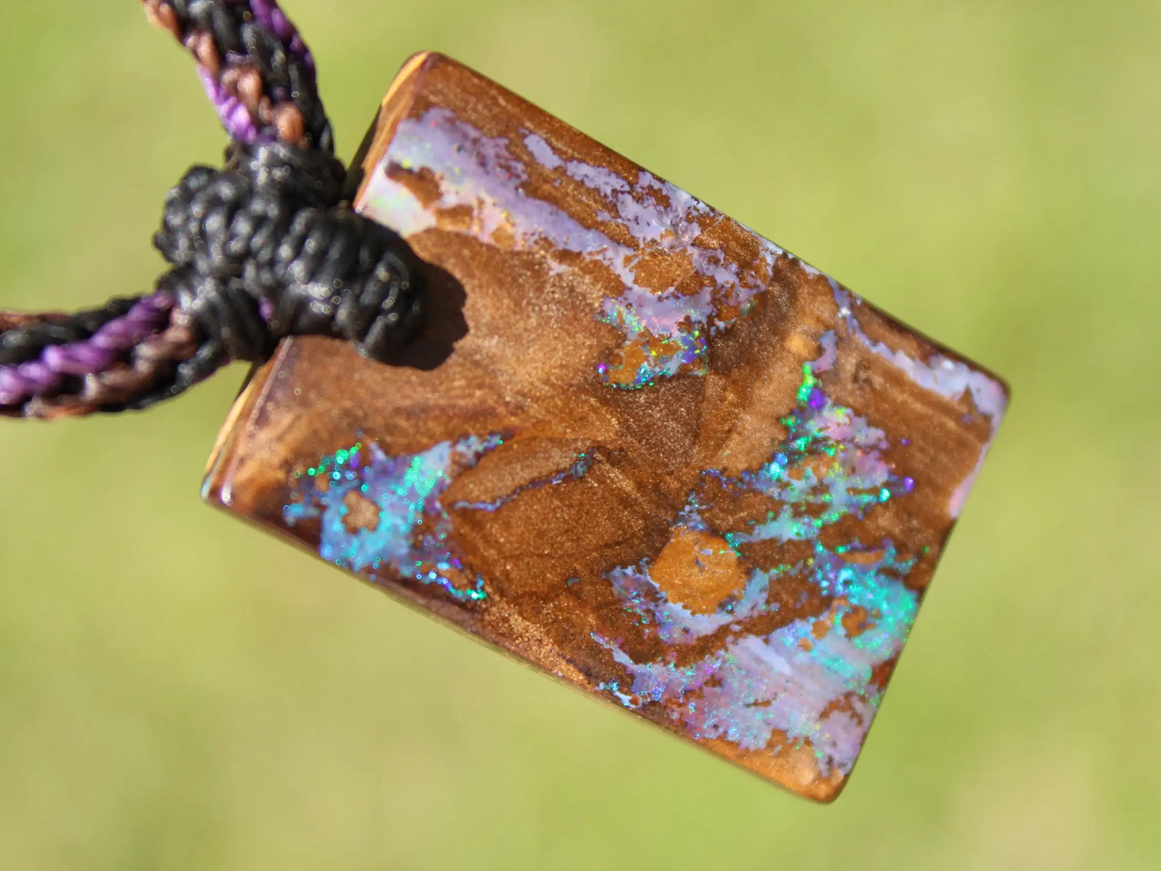 Rainbow Matrix Boulder Opal Necklace, Australian handmade Platypus Dreaming Opal Pendant, Australian boulder opal handwoven tropical cord - Image 2
