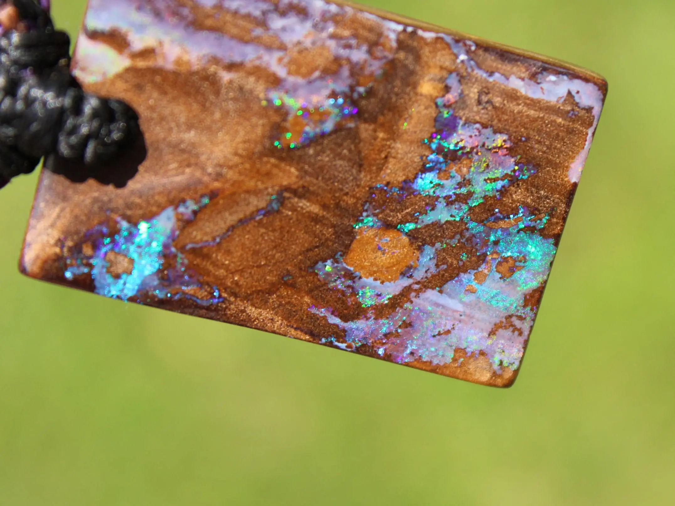 Rainbow Matrix Boulder Opal Necklace, Australian handmade Platypus Dreaming Opal Pendant, Australian boulder opal handwoven tropical cord - Image 3