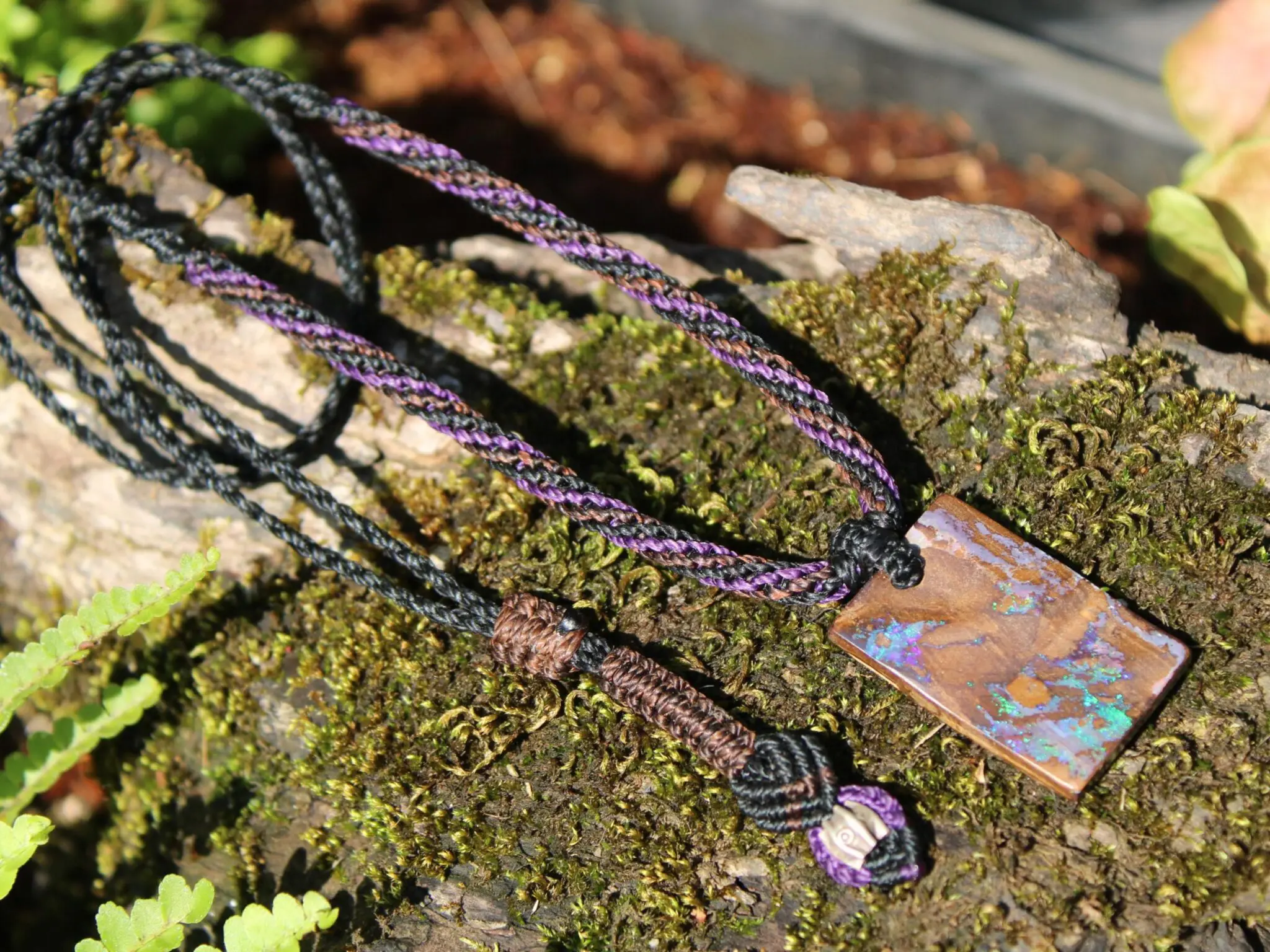 Rainbow Matrix Boulder Opal Necklace, Australian handmade Platypus Dreaming Opal Pendant, Australian boulder opal handwoven tropical cord - Image 9