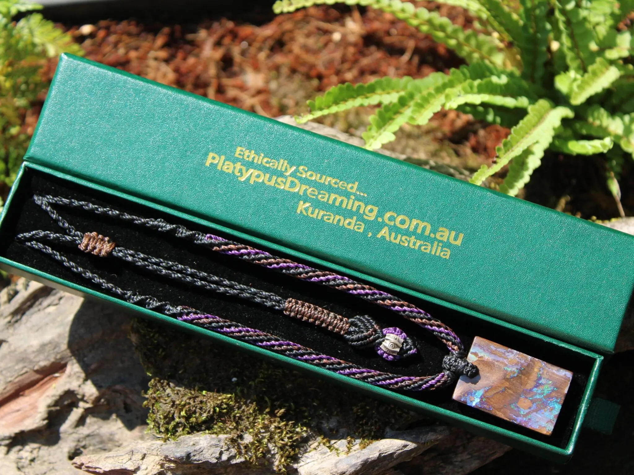 Rainbow Matrix Boulder Opal Necklace, Australian handmade Platypus Dreaming Opal Pendant, Australian boulder opal handwoven tropical cord - Image 6