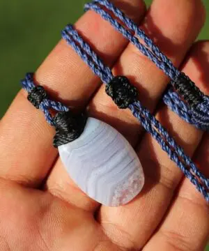 Australian Blue Lace Agate Necklace • Agate Creek Pendant • Tribal Healing Crystal Talisman • Handwoven Tropical Cord