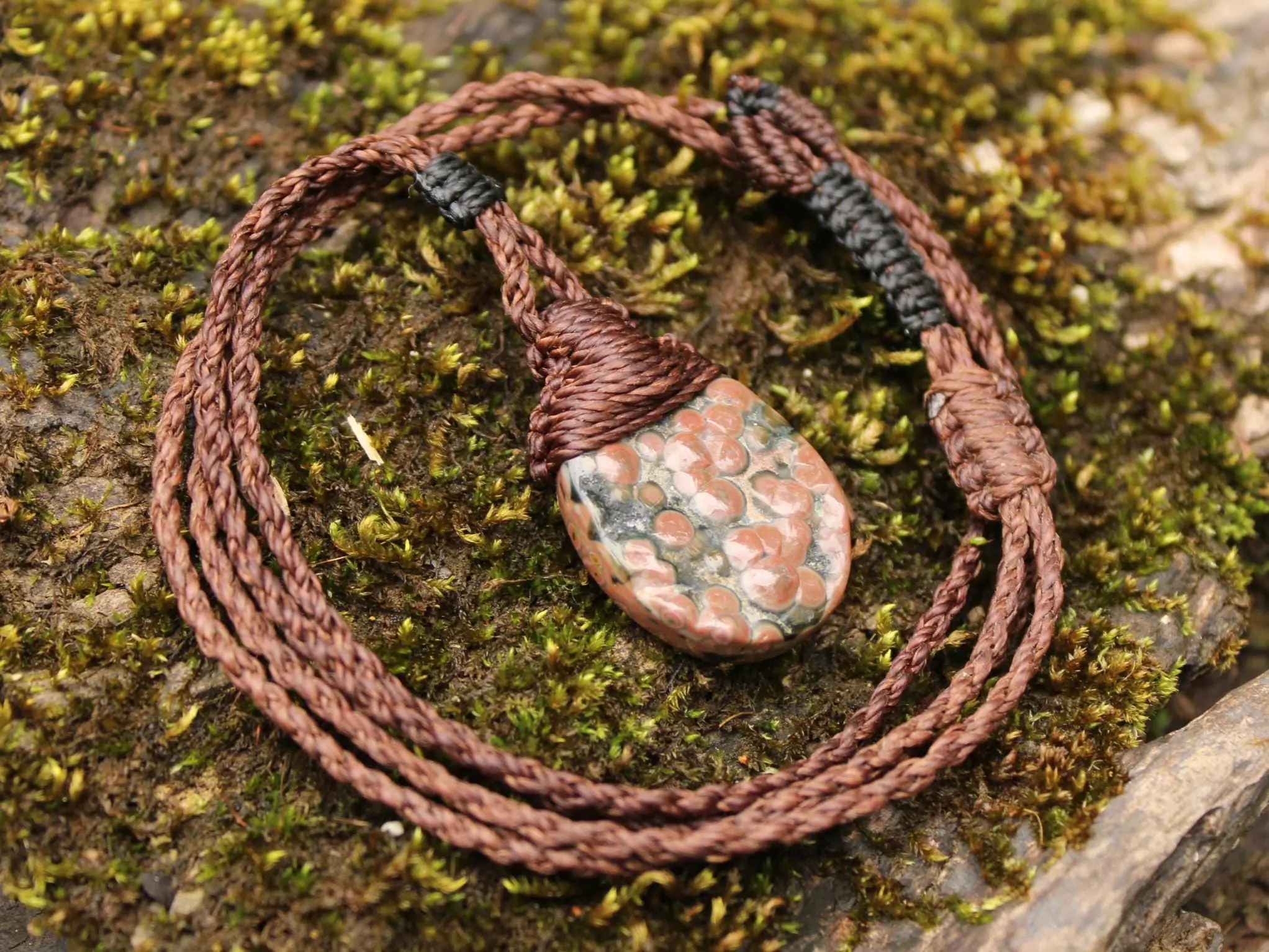 CORAL FOSSIL Necklace, Australian made Elven Macrame Thin Cord Healing Crystal Jewelry, Red coral fossil Pendant, march birthstone