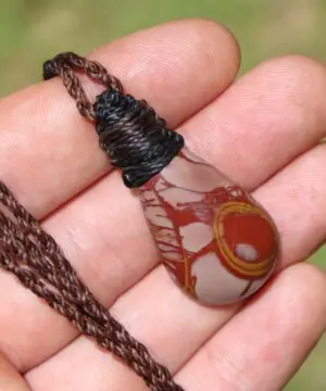 Australian noreena jasper necklace, australian made thin macrame cord, red stone tribal healing jewelry, may birthstone, tribal pendant
