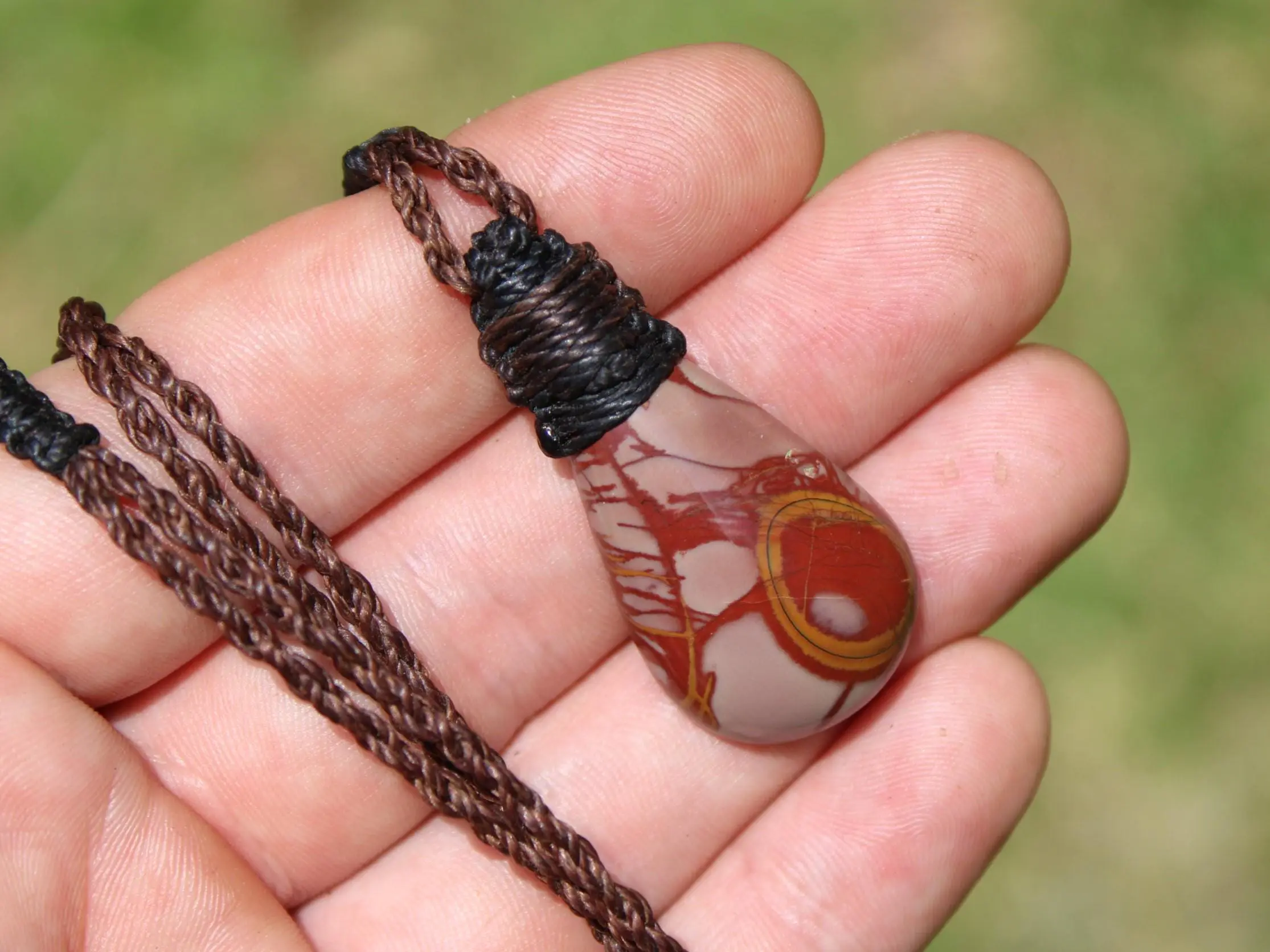 Australian noreena jasper necklace, australian made thin macrame cord, red stone tribal healing jewelry, may birthstone, tribal pendant