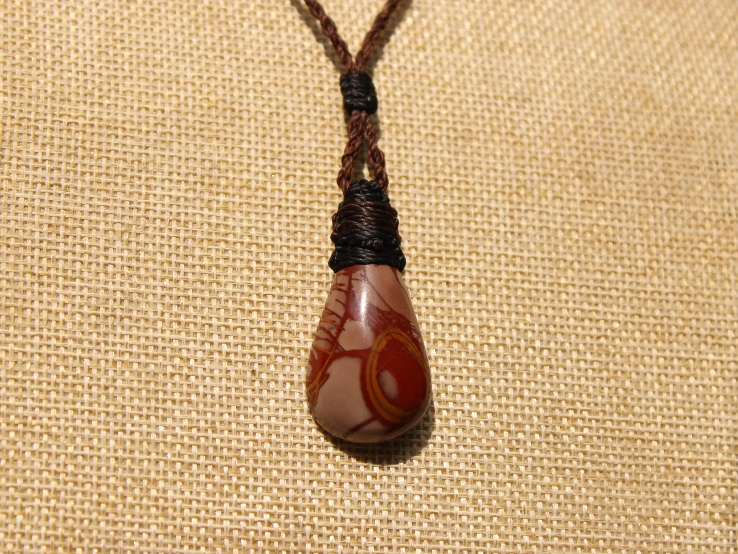 Australian noreena jasper necklace, australian made thin macrame cord, red stone tribal healing jewelry, may birthstone, tribal pendant