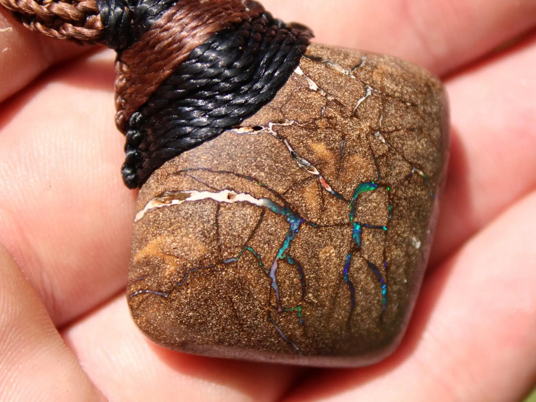 Australian boulder opal necklace, Australian made handwoven tropical cord natural jewelry, Australian opal jewelry, October birthstone