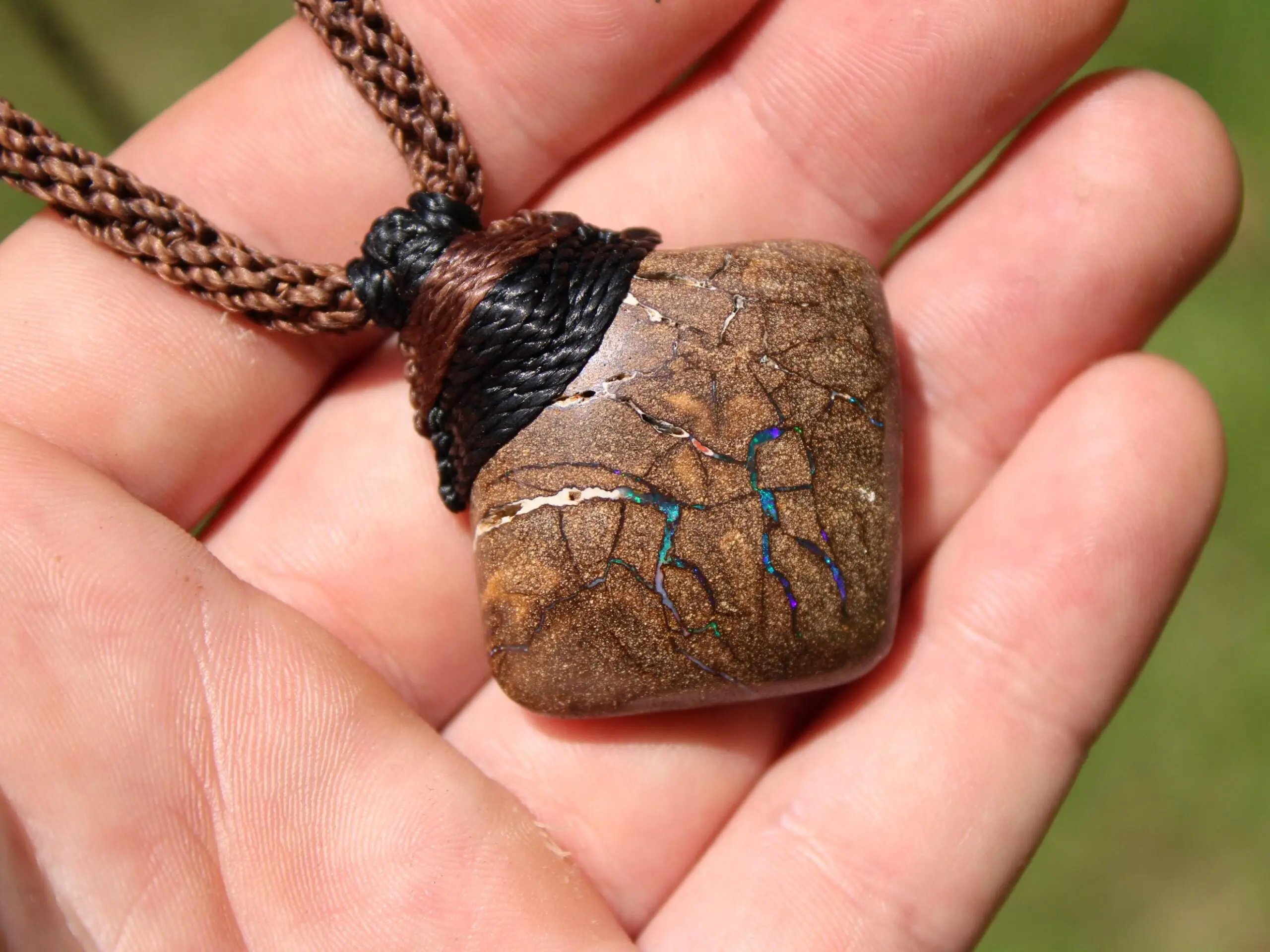 Australian boulder opal necklace, Australian made handwoven tropical cord natural jewelry, Australian opal jewelry, October birthstone