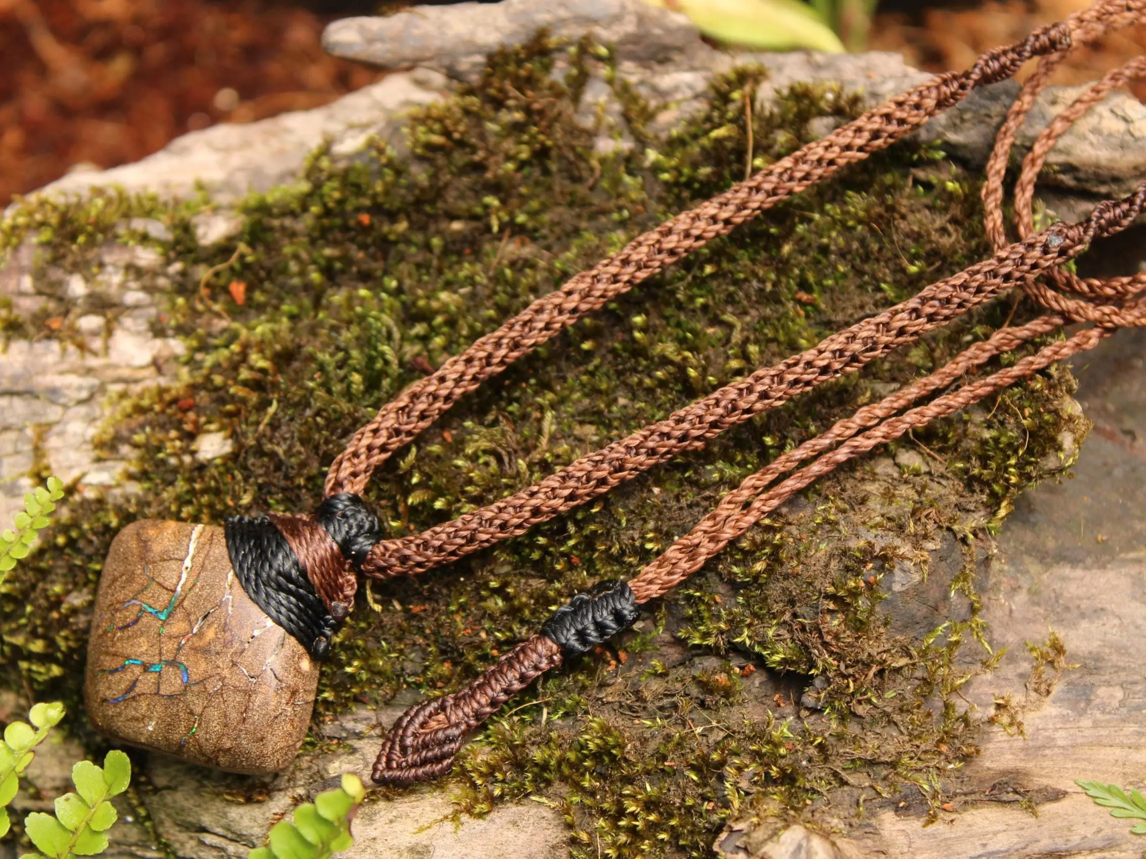 Australian boulder opal necklace, Australian made handwoven tropical cord natural jewelry, Australian opal jewelry, October birthstone