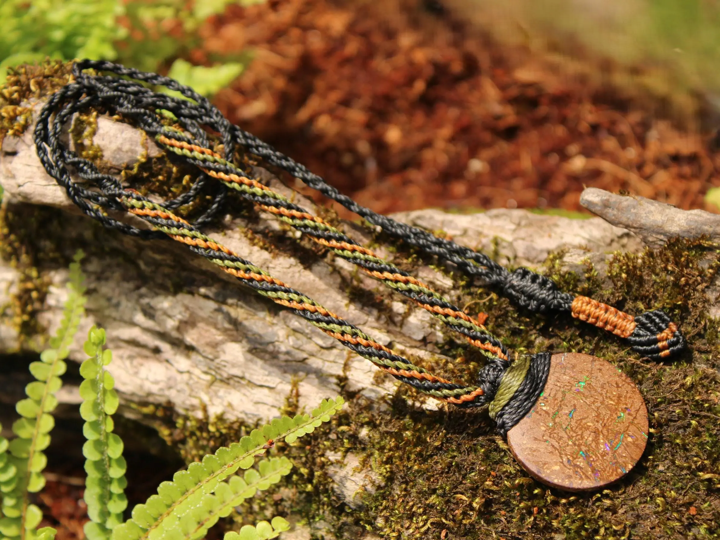 Australian matrix boulder opal necklace,Australian made handwoven tropical cord natural jewelry, Australian opal pendant, October birthstone